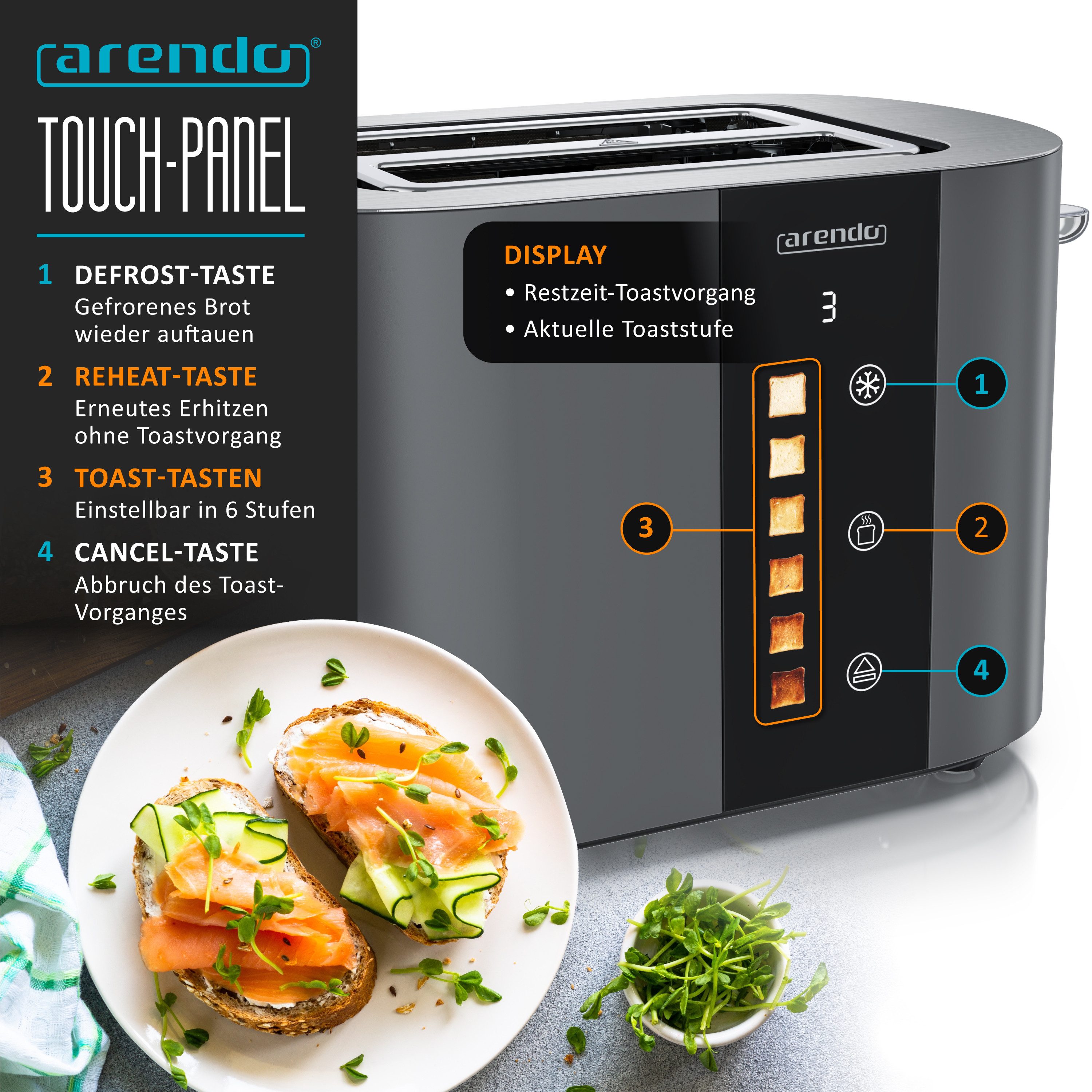 Arendo Toaster 2-Scheiben Kurzschlitz Edelstahl, Touch, Restzeit Bräunungsgradanzeige, 2 Schlitze, für 2 Scheiben, 800 W, Brötchenaufsatz, Wärmeisoliert, Toast- – Bild 4 von 5