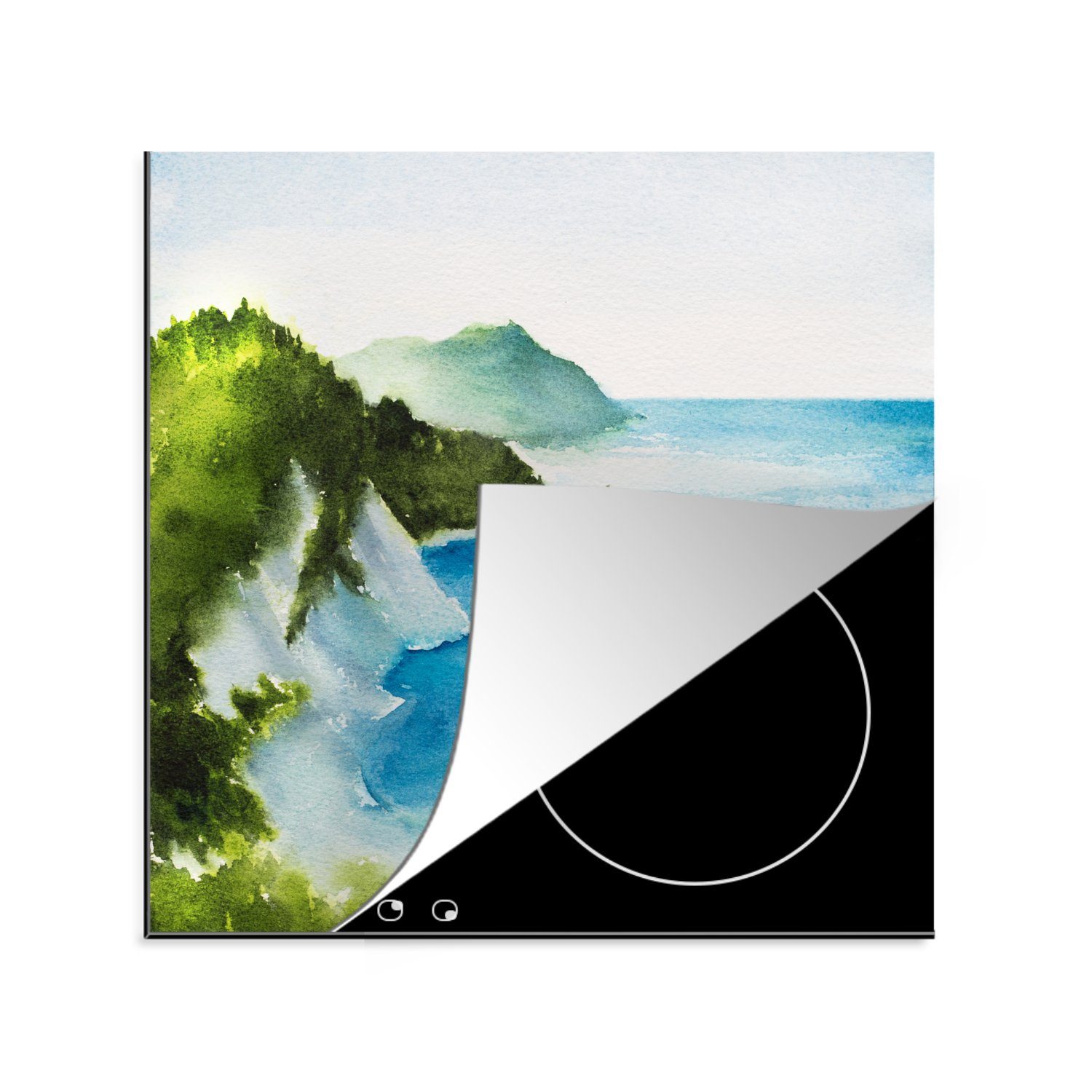 MuchoWow Herdblende-/Abdeckplatte Meer - Berg Arbeitsplatte Vinyl, küche Ceranfeldabdeckung, 78x78 für Aquarell, tlg), (1 - cm