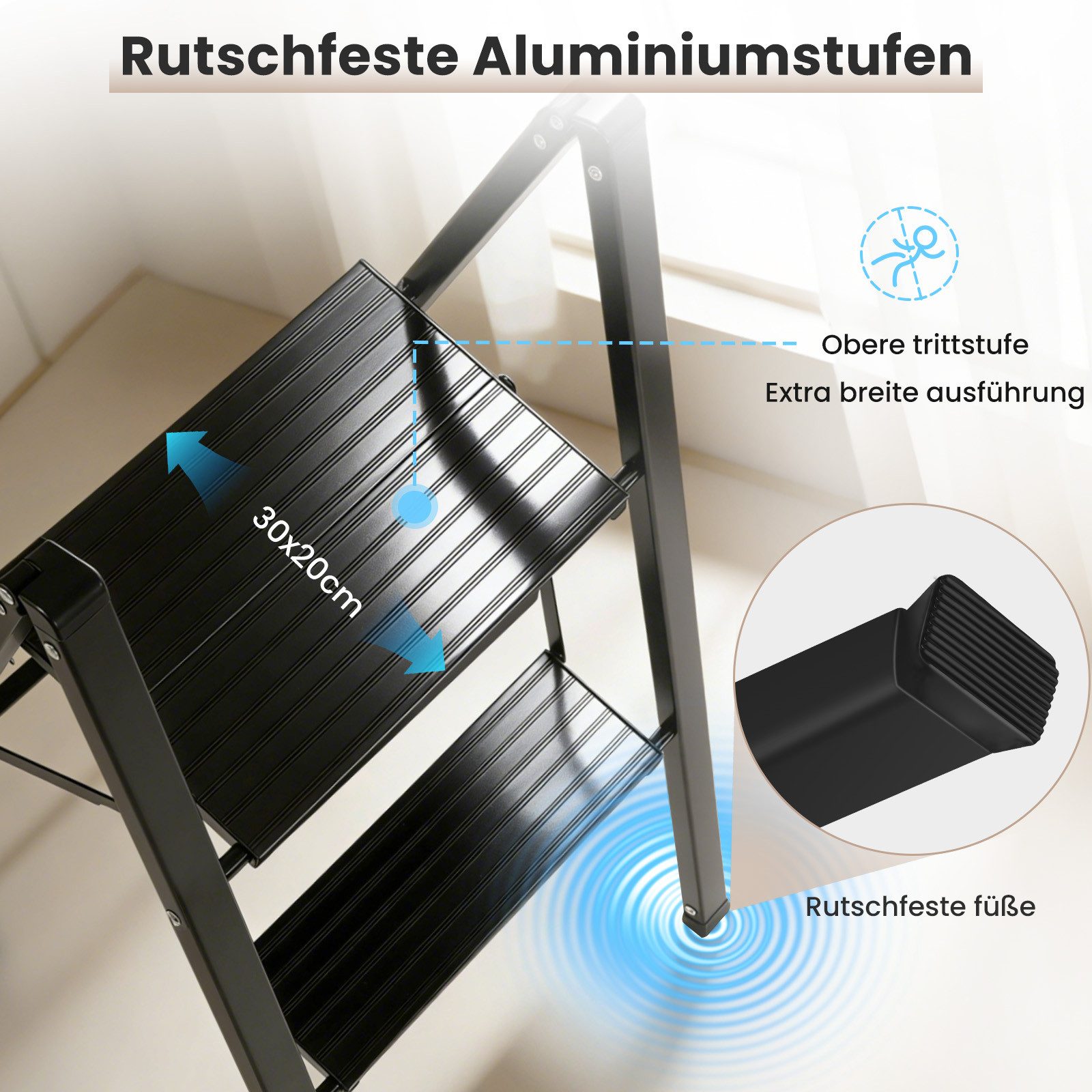 Sekey Trittleiter 2-3 Stufen Klappleiter Alu Klapptritt Faltbar Stehleiter bis 150 kg, 2-Stufen Klapptritt mit großer rutschfester Trittfläche (30 x 20 cm) – Bild 3 von 5