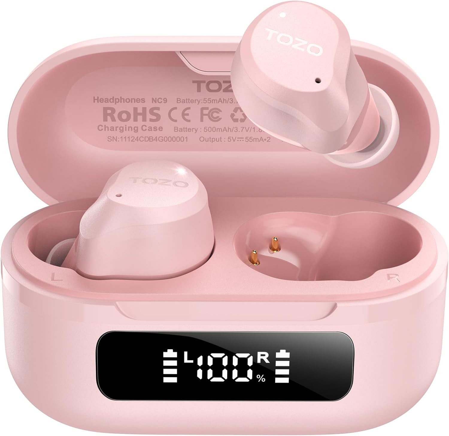 TOZO Bluetooth ANC 45dB Noise Cancelling, 60h Akku, IPX8 In-Ear-Kopfhörer (Sechs integrierte Mikrofone mit ENC Technologie garantieren kristallklare Anrufe selbst in lauten Umgebungen, Kabellose Audio mit 6 Mikrofonen ENC, Tiefbass, App EQ Modi)