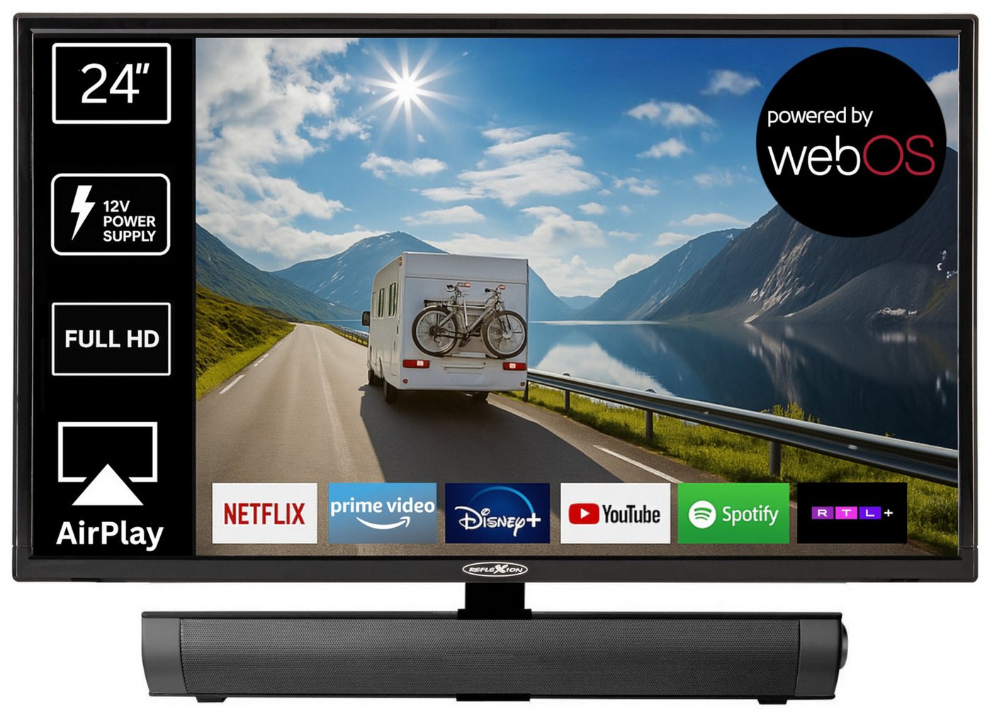 Reflexion LED24IBT LED-Fernseher (60,00 cm/24 Zoll, Full HD, powered by webOS Hub (LG), Smart-TV, DC IN 12 Volt, Netzteil 230 Volt, DVB-T2HD/S2/C, Bluetooth, WLAN)