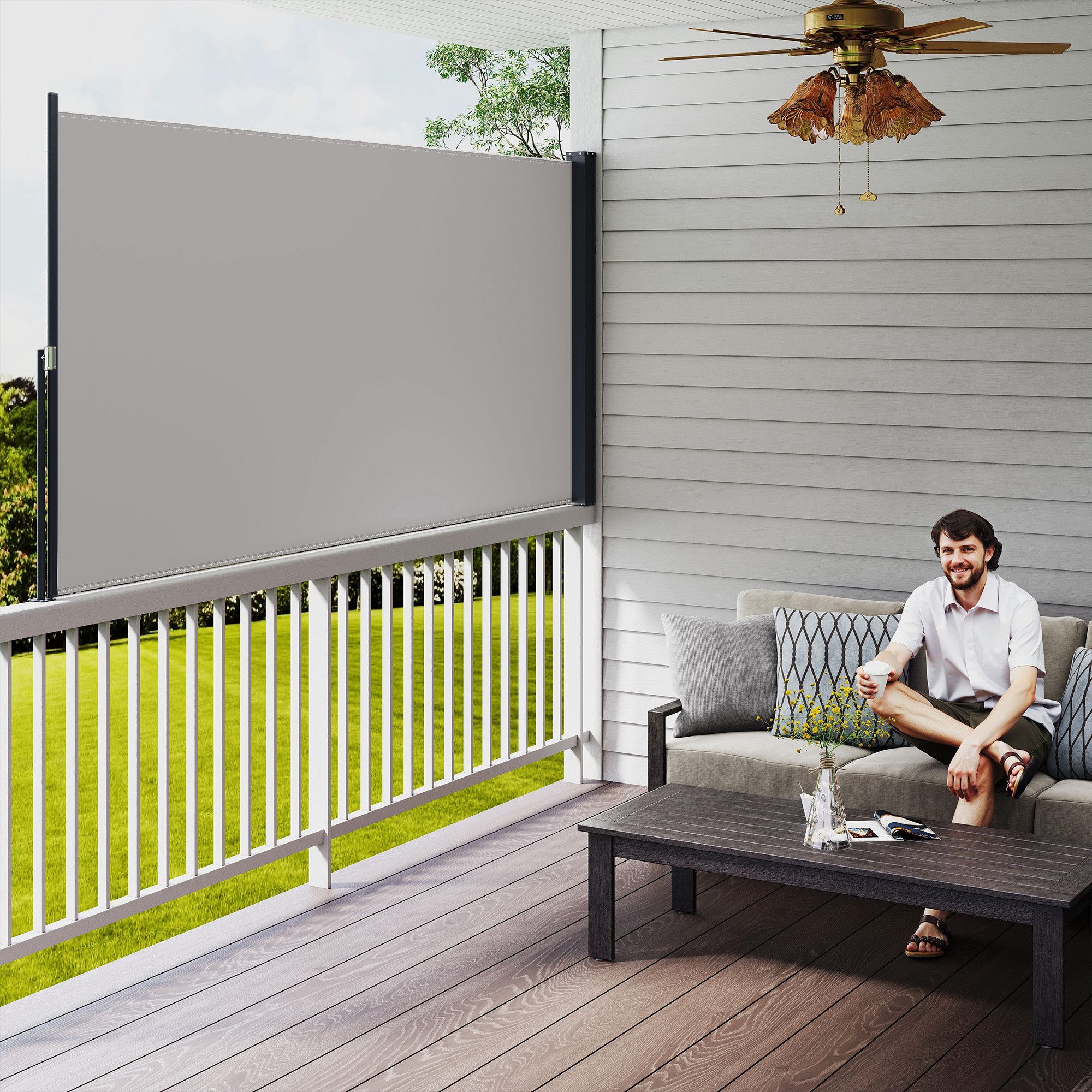 Outsunny Balkonsichtschutz Seitenmarkise ausziehbar blickdicht Windschutz 300x140cm Garten (Sonnenschutz, 1-St., Sichtschutzwand) für Terrasse, Balkon, Hellgrau