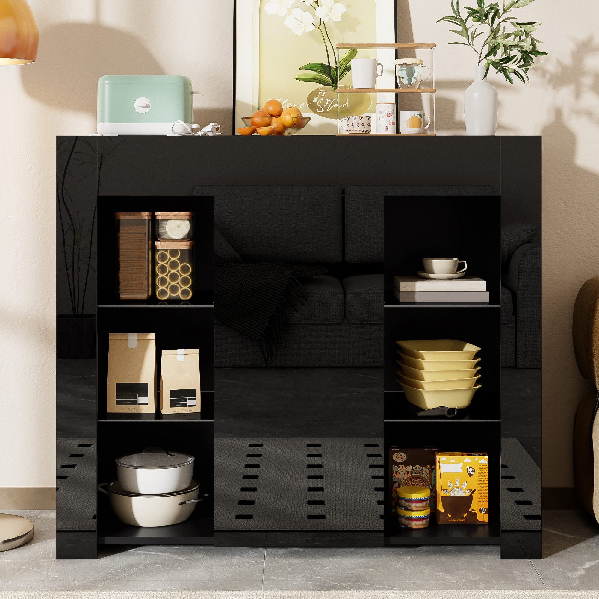 REDOM Sideboard mit transparentem Glasregal (Esszimmerschrank, Anrichte, 1 St., Hochglanzfront & mattem Finish), Glasregal Schranktür,vielseitiger Stauraum