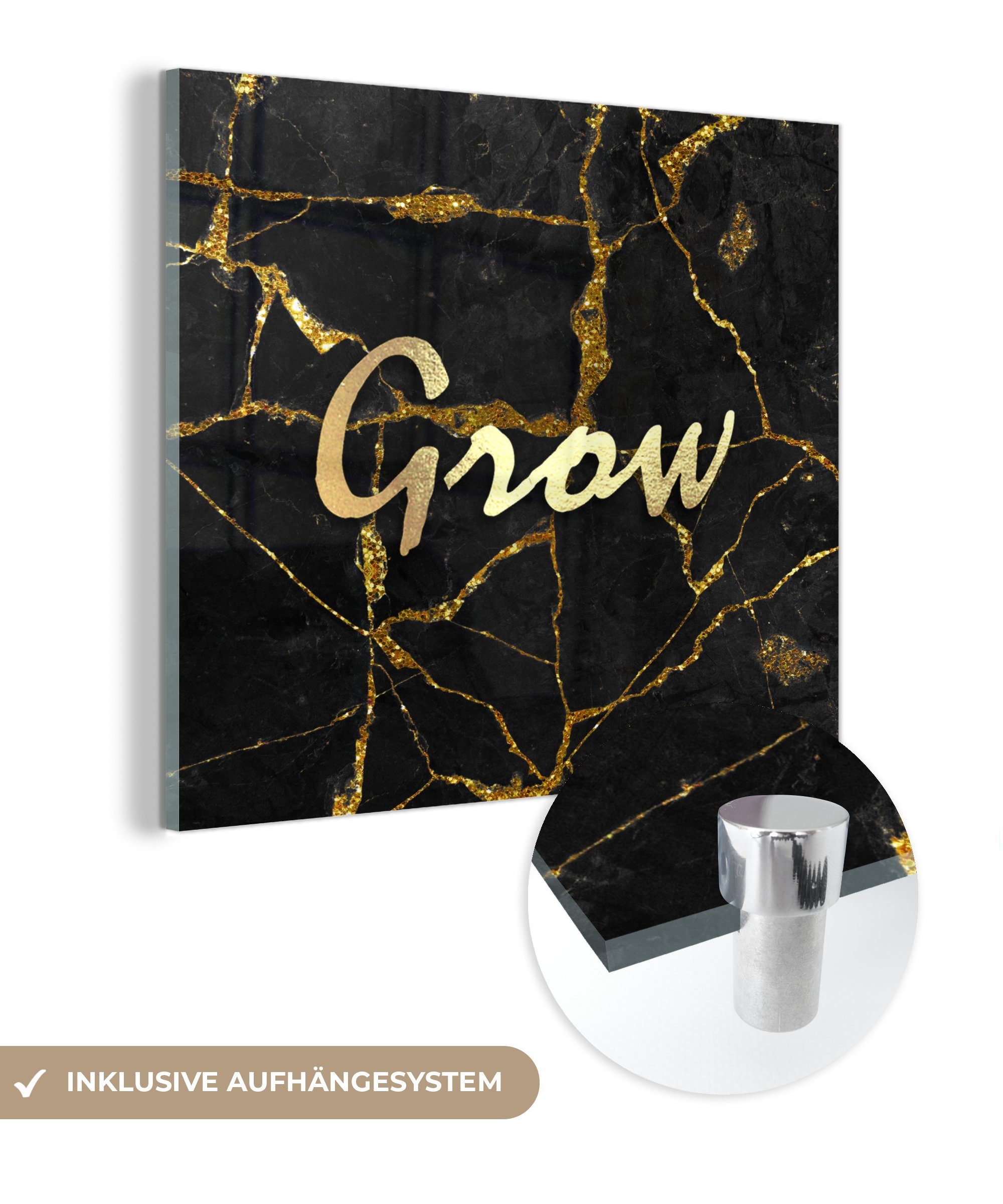 MuchoWow Acrylglasbild Zitat - Wachstum - Gold - Marmor, (1 St), Glasbilder - Bilder auf Glas Wandbild - Foto auf Glas - Wanddekoration