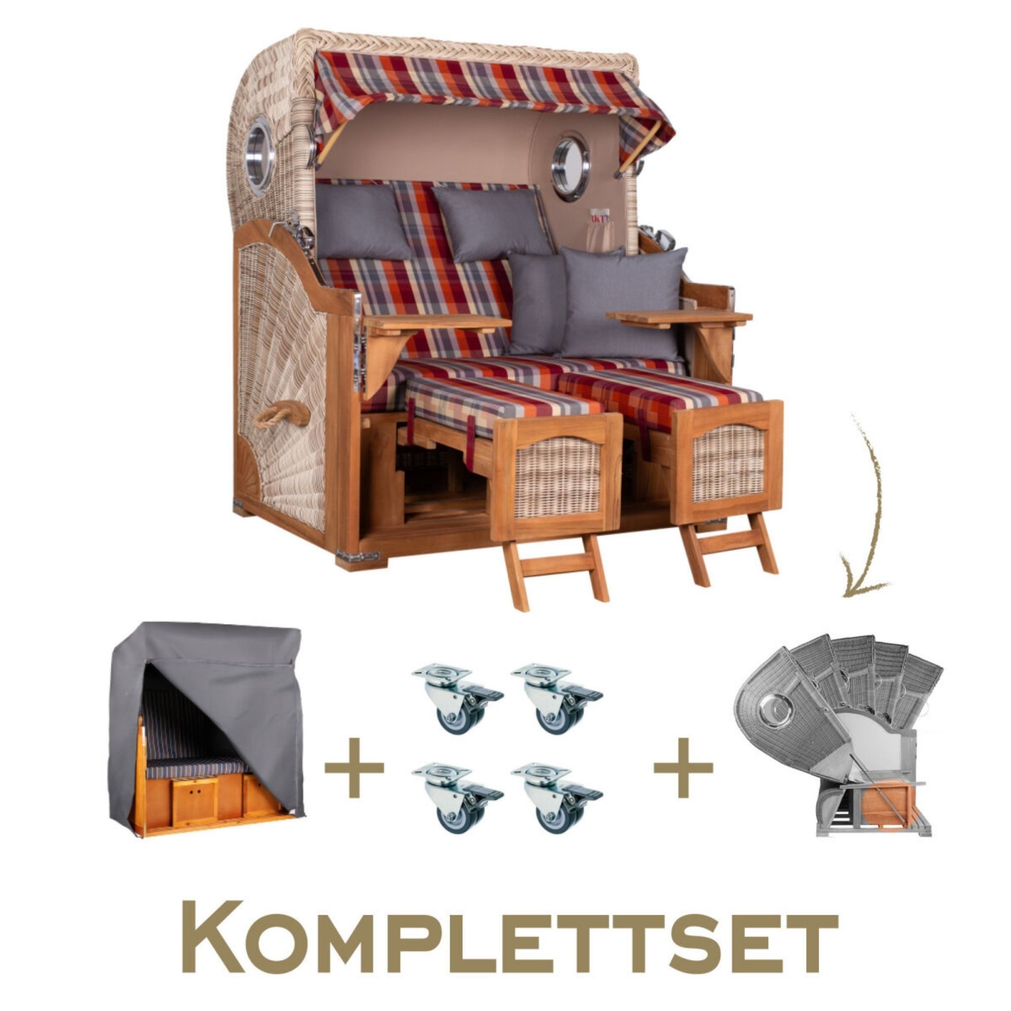MR.DEKO Strandkorb Komplettset Düne Grande Teak PE Shell mit Bullauge, BxTxH: 142x95x170 cm, Volllieger, Düne Grande, (Luxus-Komplettset 4-tlg. inkl. Abdeckhaube, 4-tlg., Strandkorb inkl. Aero Protect, Rollen & Lifter-Set), Wetterfestes Komplettset mit Rollen & Lifter, Fertig montiert