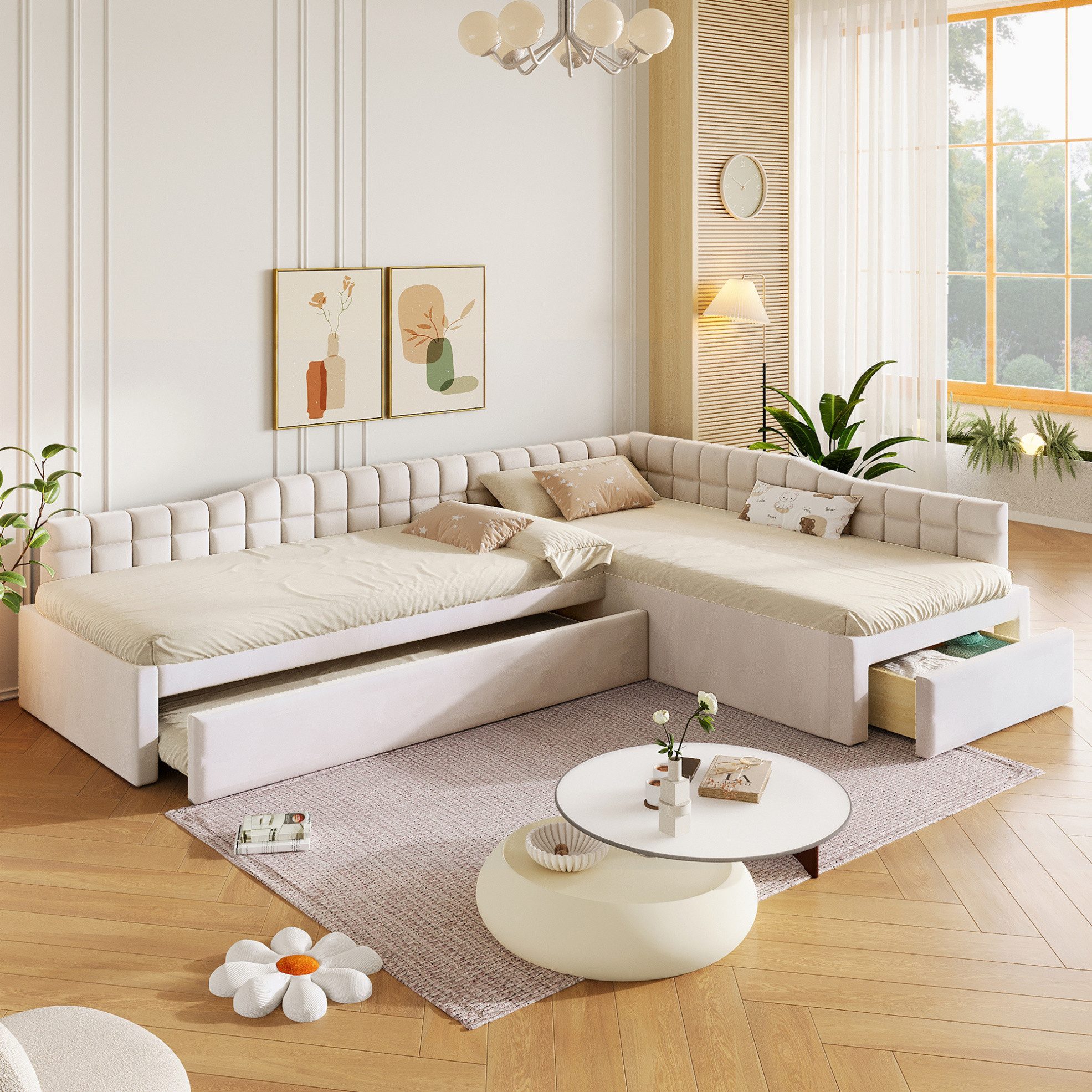 MODFU Polsterbett Modernes Bettmöbel mit integrierten Schubladen für Stauraum (Packung, 1-tlg., 90x200 Eckbett Beige mit Samtbezug und Ausziehfunktion ohne Matratze), Weiches Schlafsofa Design mit gepolstertem Rahmen Aufbau