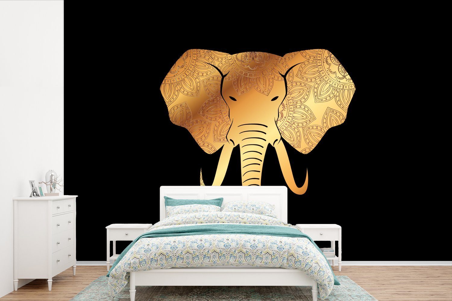 MuchoWow Fototapete Elefant - Tasse - Gold - Muster, Matt, bedruckt, (6 St), Wallpaper für Wohnzimmer, Schlafzimmer, Kinderzimmer, Vinyl Tapete