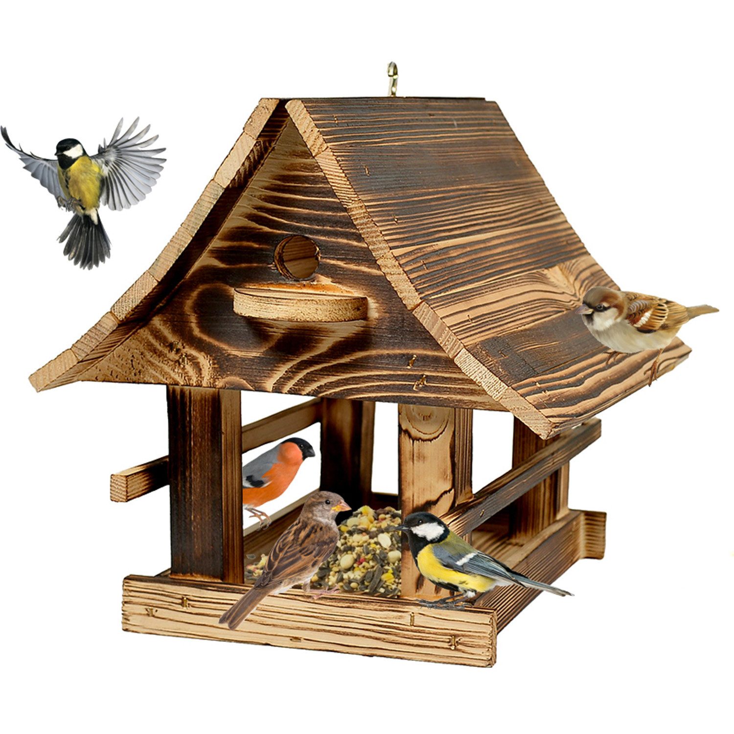 WOODOK Vogelhaus Massivholz-Vogelfutterhaus XXL + Vogelfutter 1 kg, Holz, gebrannt, Aufhängehaken