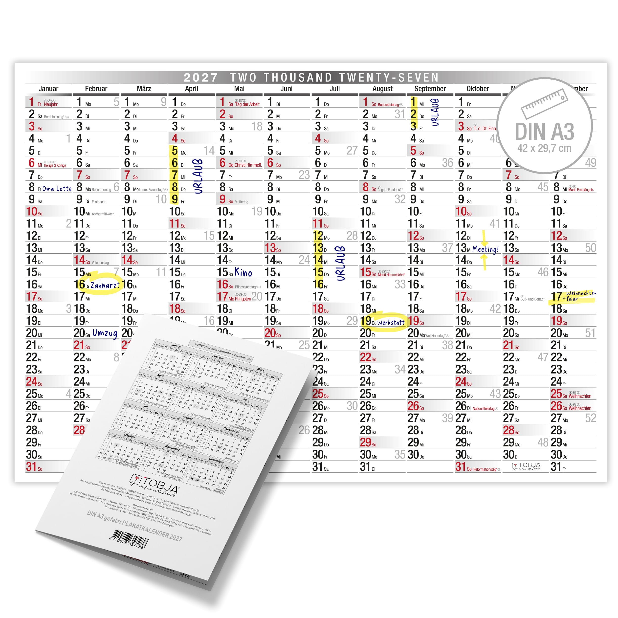 TOBJA Wandkalender Wandkalender 2027 A3 Querformat – Großer Jahresplaner KW, Klassisch schwarz-weiß, KW, FSC-Papier, Rückseite Jahresplanung