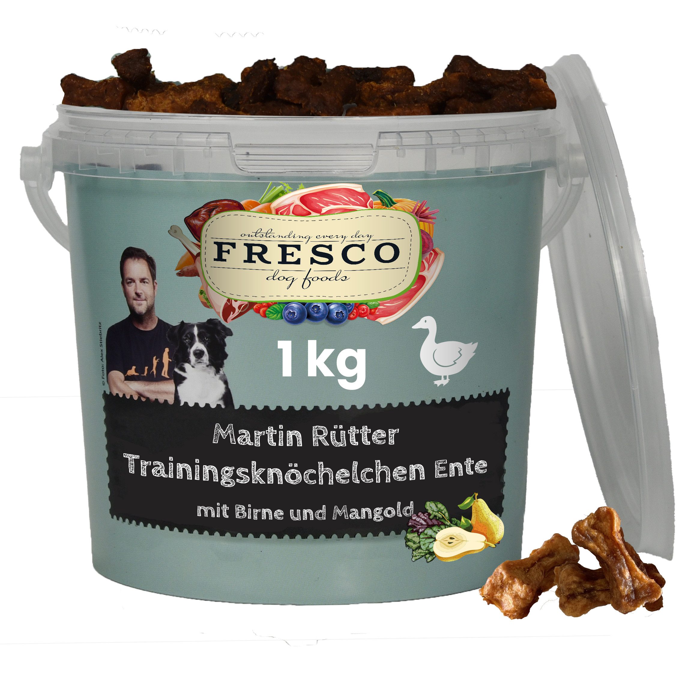 Fresco Dog Martin Rütter Trainingsknöchelchen 1kg Hunde Leckerli, Ente mit Birne & Mangold, Snack für: Hunde, Getreidefrei, zuckerfrei & hoher Fleischanteil