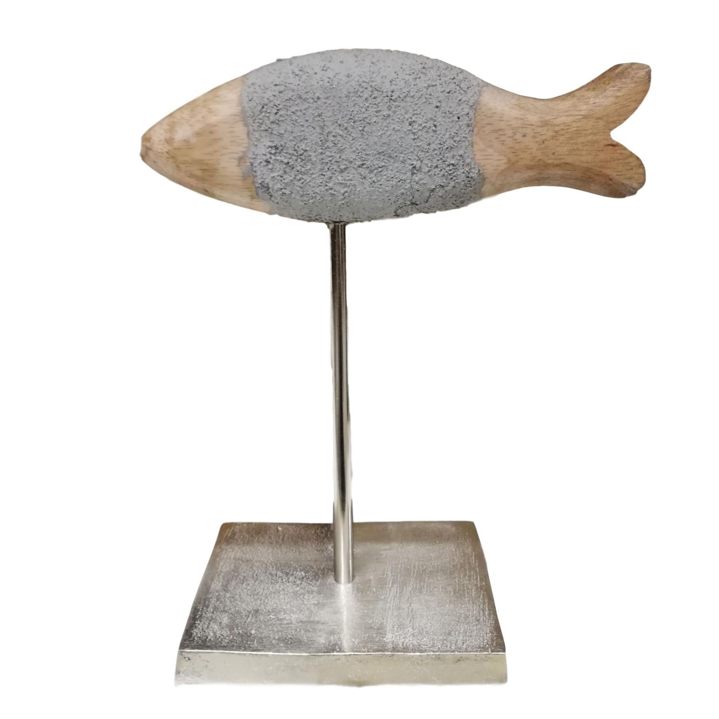 Tierfigur Schwerer Holz Fisch auf Metallfuß Natur Grau 22cm