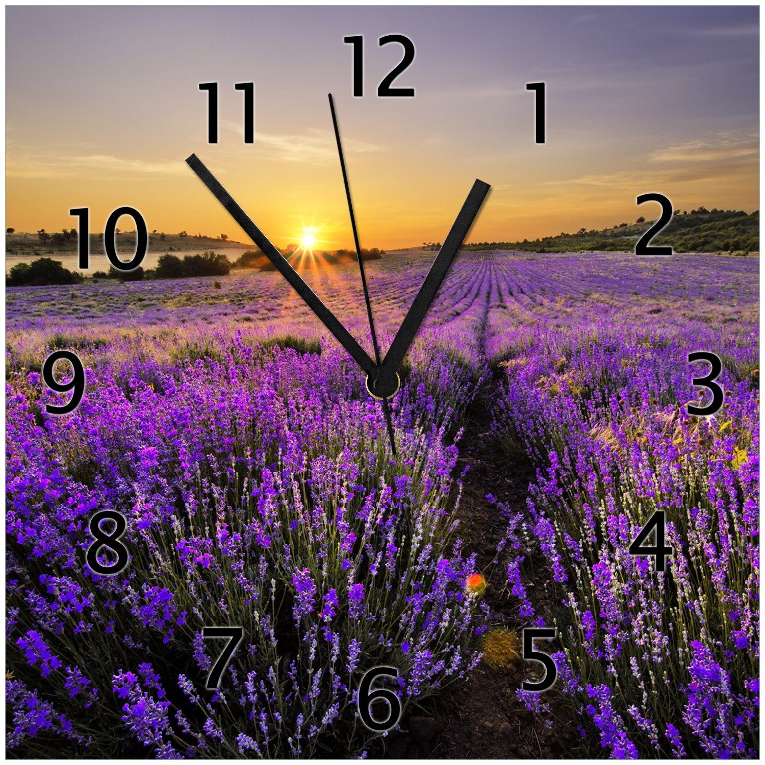 über Sonnenuntergang Wallario Lavendel (Glasuhr) dem Wanduhr