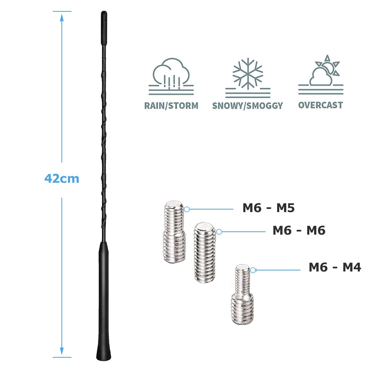 Bolwins A45 42cm KFZ Auto Antenne Stab Dachantenne Radio 16V Gewinde Adapter Dachantenne (AM/FM/DAB GPS GSM Signal, für Innenbereich oder Außenbereich, Verstärkung: 5 dB), 42cm mit M6 Innengewinde + M4 M5 Adapter für AM/FM/DAB GPS GSM