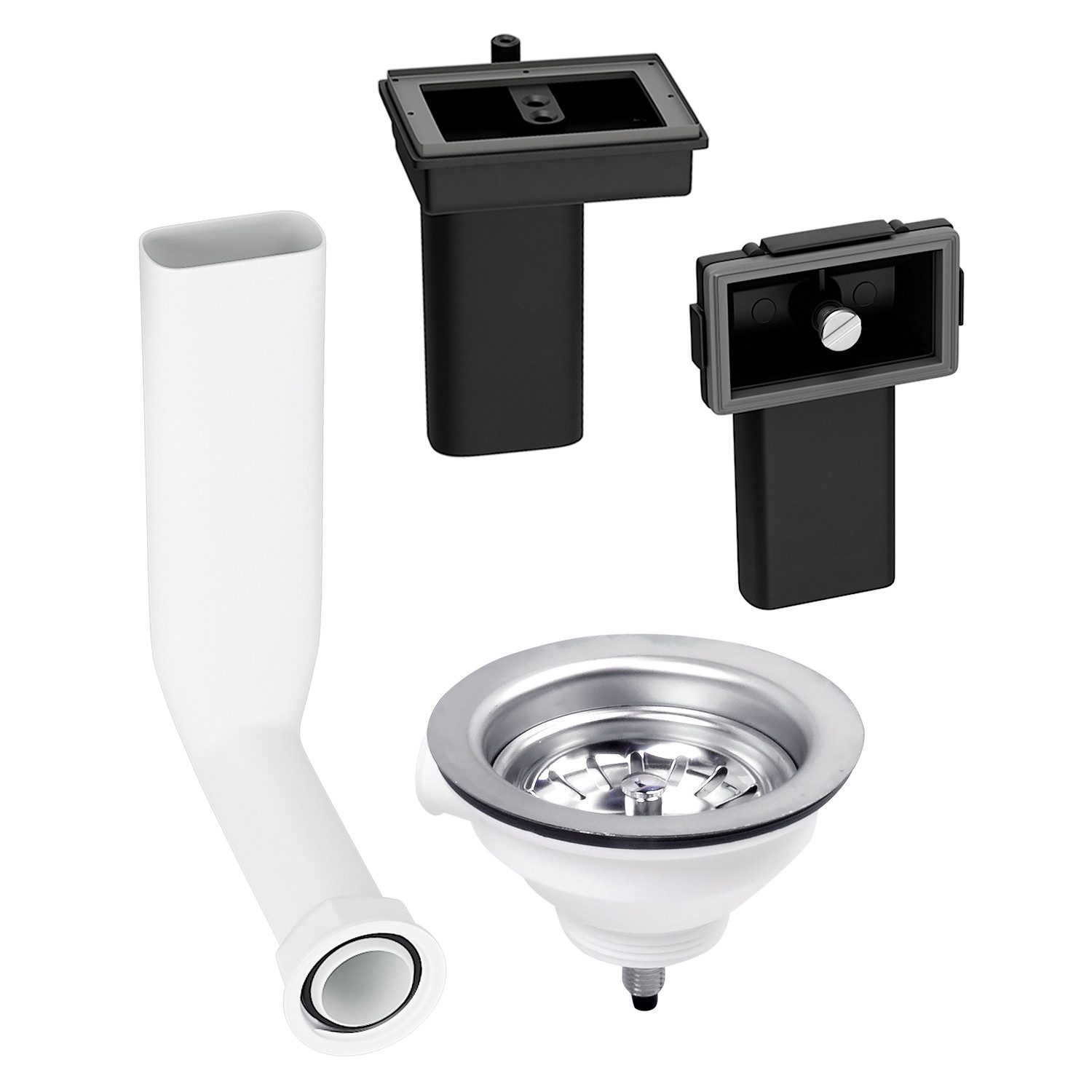 AQUADE Siebventil Siebkorbeinsatz 114 mmØ 3,5 Zoll, weiß mit Überlauf-Set für Spüle