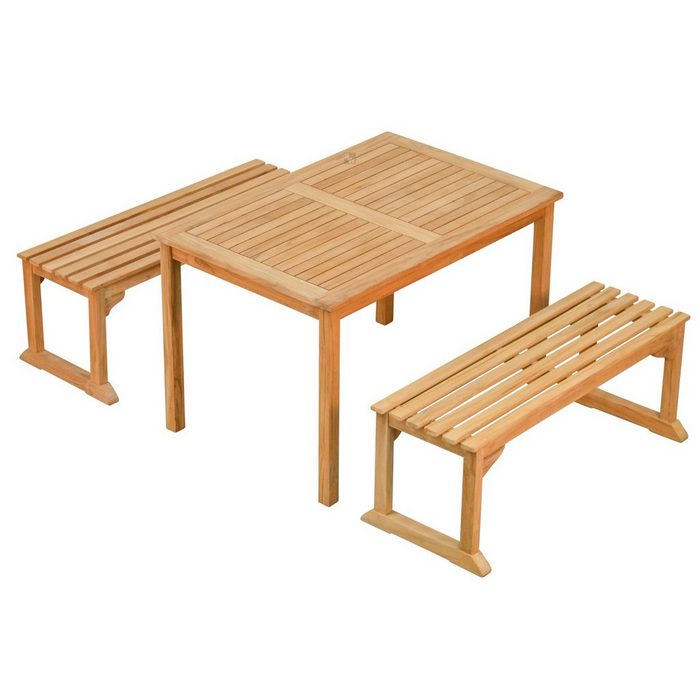 Kai Wiechmann Balkonset Teak Sitzgruppe aus 2 Bänken 120 cm ohne Lehnen & 1 Tisch 120 x 80 cm (3-tlg. 2 Bänke 1 Esstisch) hochwertiges Set aus Teak Gartenbänken & Esstisch