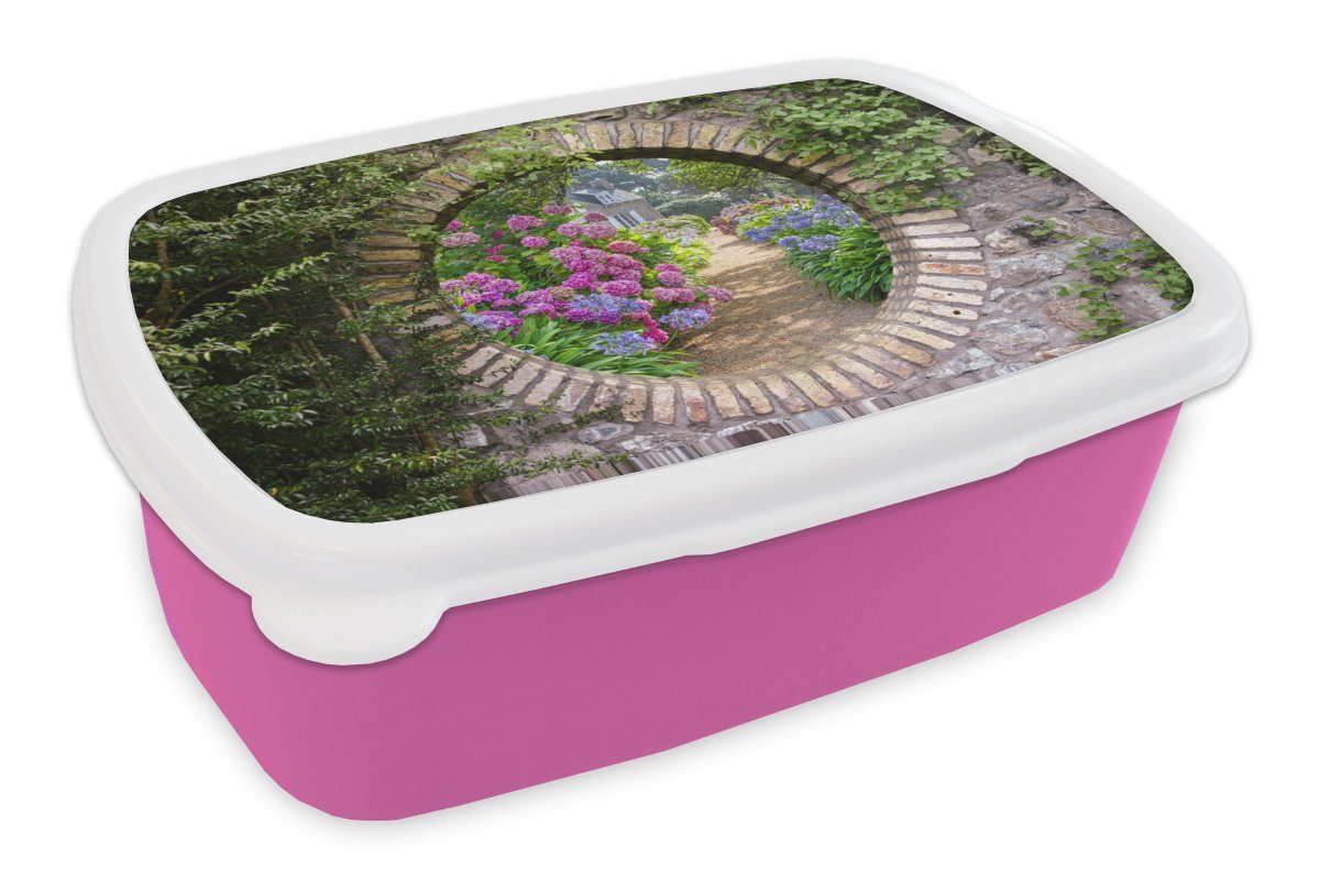 MuchoWow Lunchbox Transparent - Blumen - Hortensie - Sommer, Kunststoff, (2-tlg), Brotbox für Erwachsene, Brotdose Kinder, Snackbox, Mädchen, Kunststoff rosa