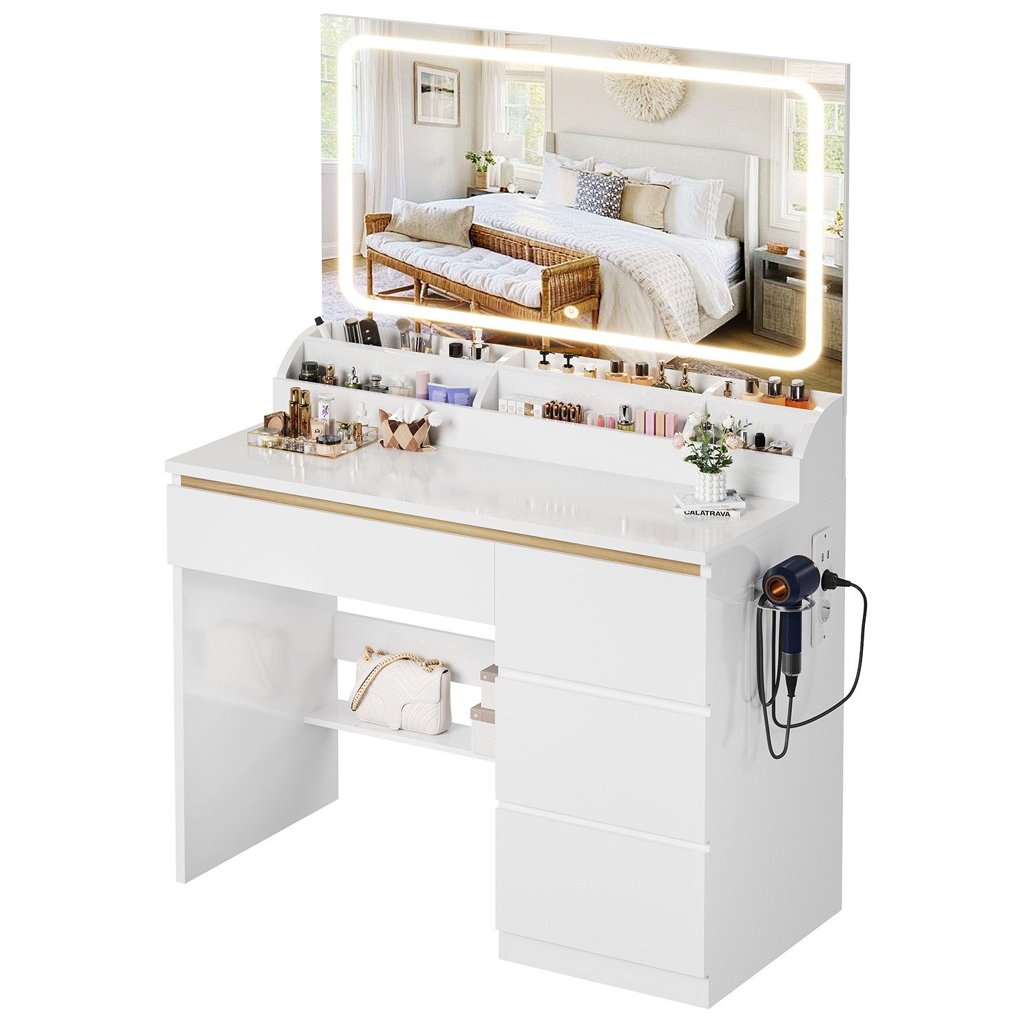 HOMALL Schminktisch Schminktisch mit 80 cm Spiegel und LED-Beleuchtung (Abmessungen: 80 × 40 × 137 cm Mit vier Schubladen und sechs Staufächern Drei einstellbare Farbtemperaturen Zwei USB-Ladeanschlüsse, zwei Netzsteckdosen und eine Halterung für einen Haartrockner)
