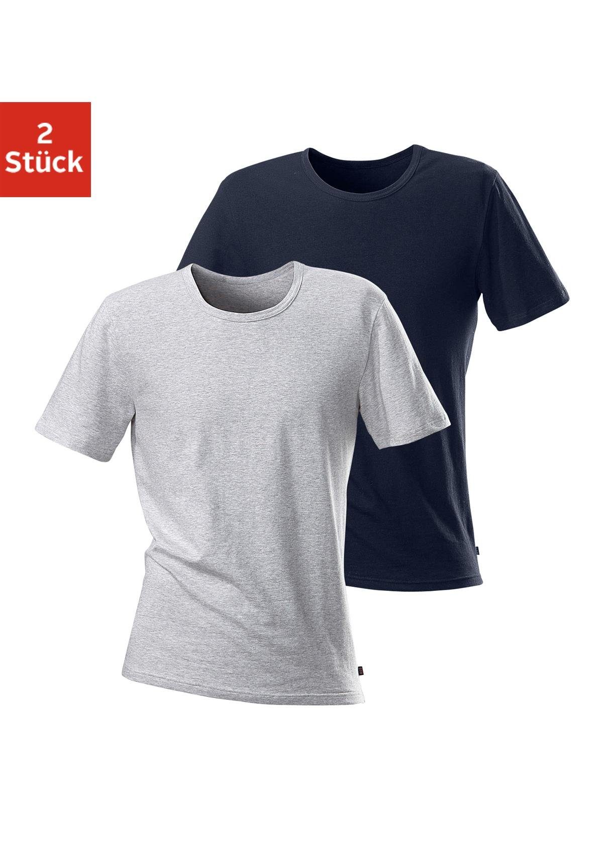 Rundhalsausschnitt perfekt als grau-meliert marine, H.I.S Unterziehshirt mit (2er-Pack) T-Shirt