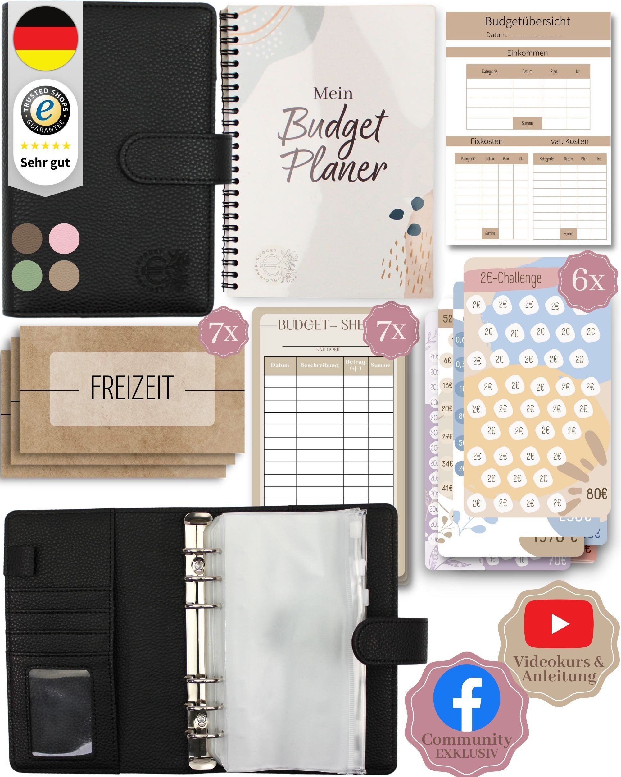 BeginnerBudget Ringbuchkalender Budget Planner & Haushaltsbuch Starter-Set: Sparbuch & Spar-Challenges, Sparen mit Umschlagmethode + Anleitung - Ringbuch - Binder A6