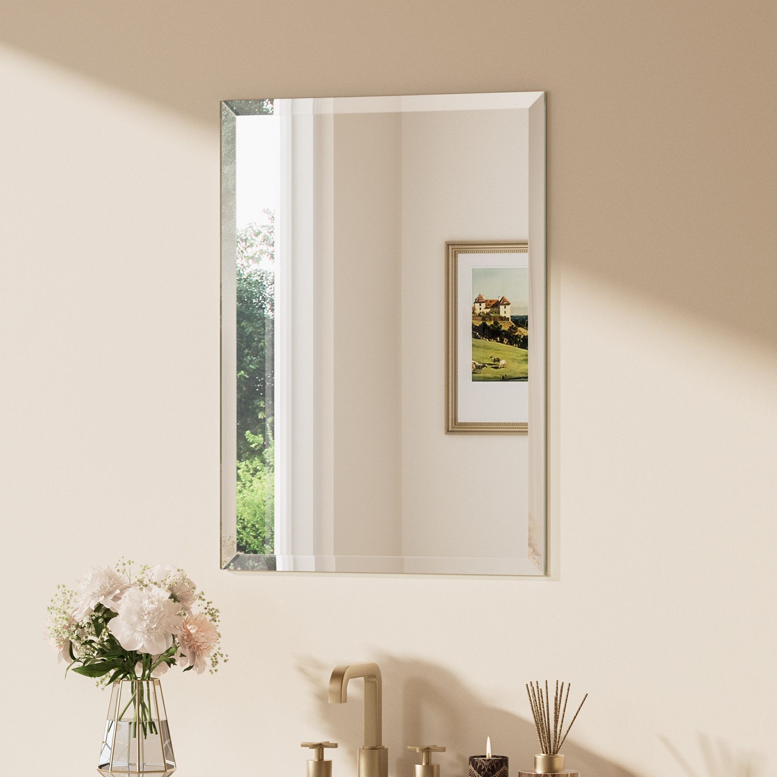 Keonjinn Badspiegel Wandspiegel mit Facettenschliff Spiegel ohne Rahmen (Montage quer & hoch), Rechteckig Spiegel mit Gehärtetes Glas und Splitterschutzfolie
