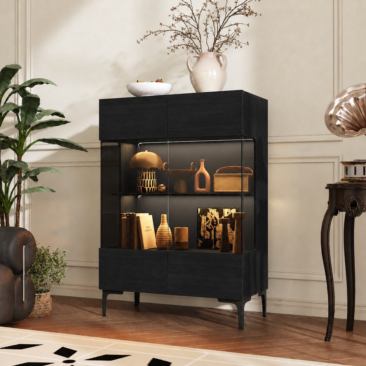FUFU&GAGA Glasvitrine 115cm hoch, Vitrinenschrank mit LED und Glastüren