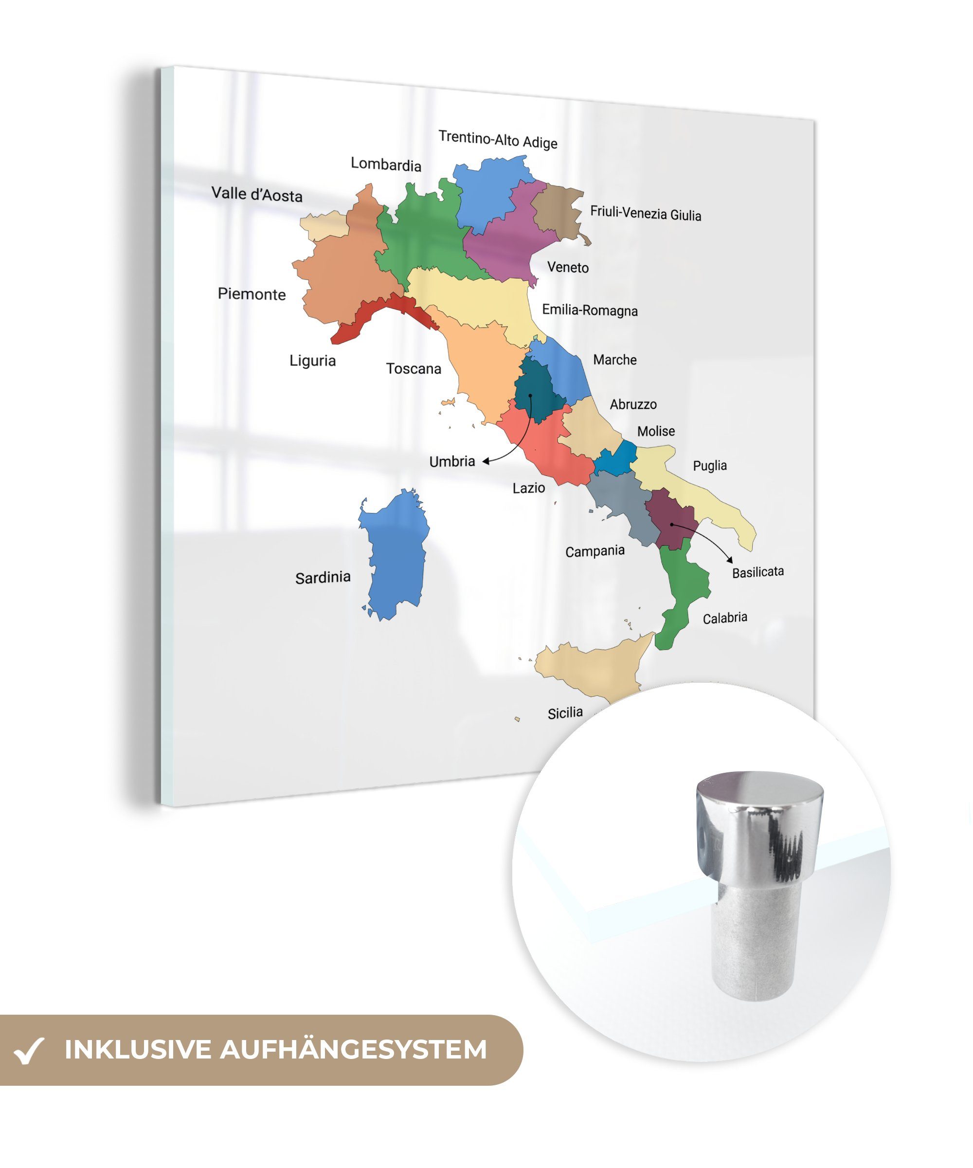 MuchoWow Acrylglasbild Karte von Italien - Region, (1 St), Glasbilder - Bilder auf Glas Wandbild - Foto auf Glas - Wanddekoration