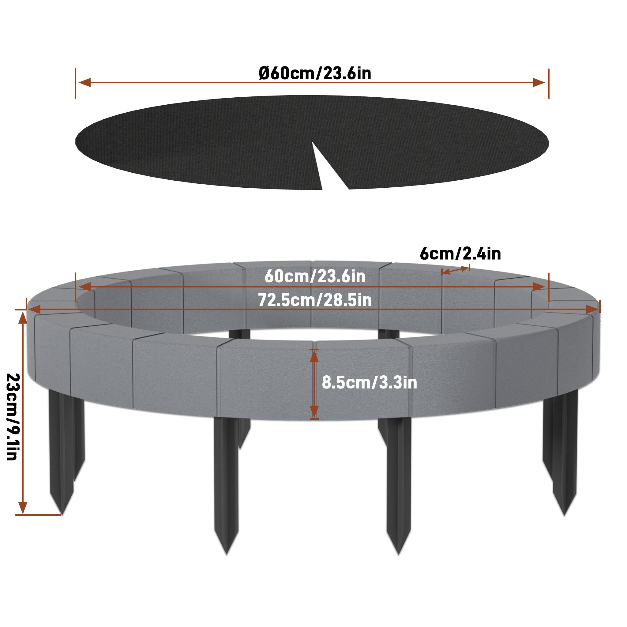 FIVMEN Beetumrandung Baumringin Steinoptik Baumscheibe aus PP Baumkante Höhe 23cm, für Garten & Landschaftsgestaltung, Anthrazit/Grau