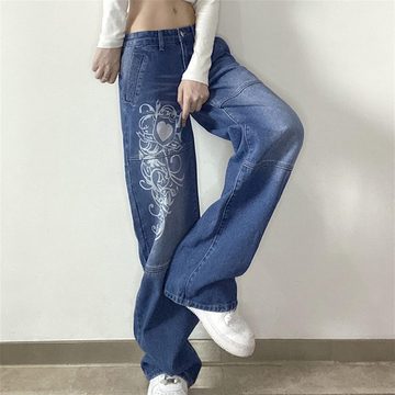 KIKI Jeanshotpants Lockere Hose mit weitem Bein und Vintage-Print, Jeans mit geradem Bein