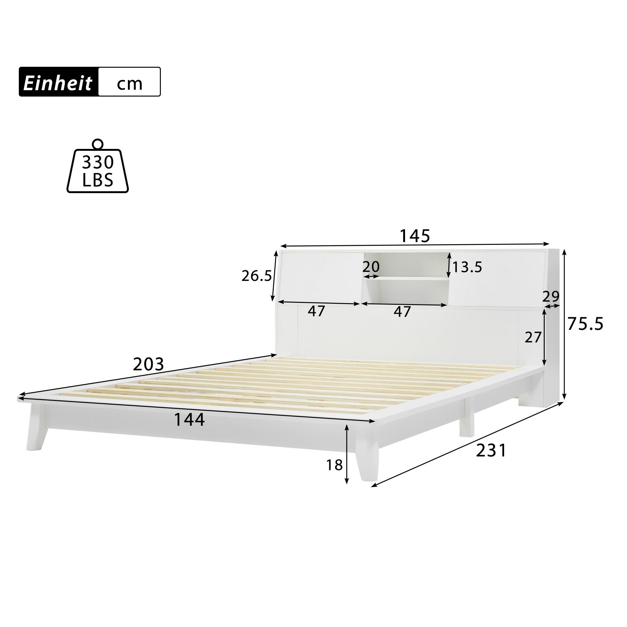 Matratze), Weiß1 (mit Holzbett Lattenrost, Mit Doppelbett Bett SIKAINI Stauraum-Kopfteil Massivholz