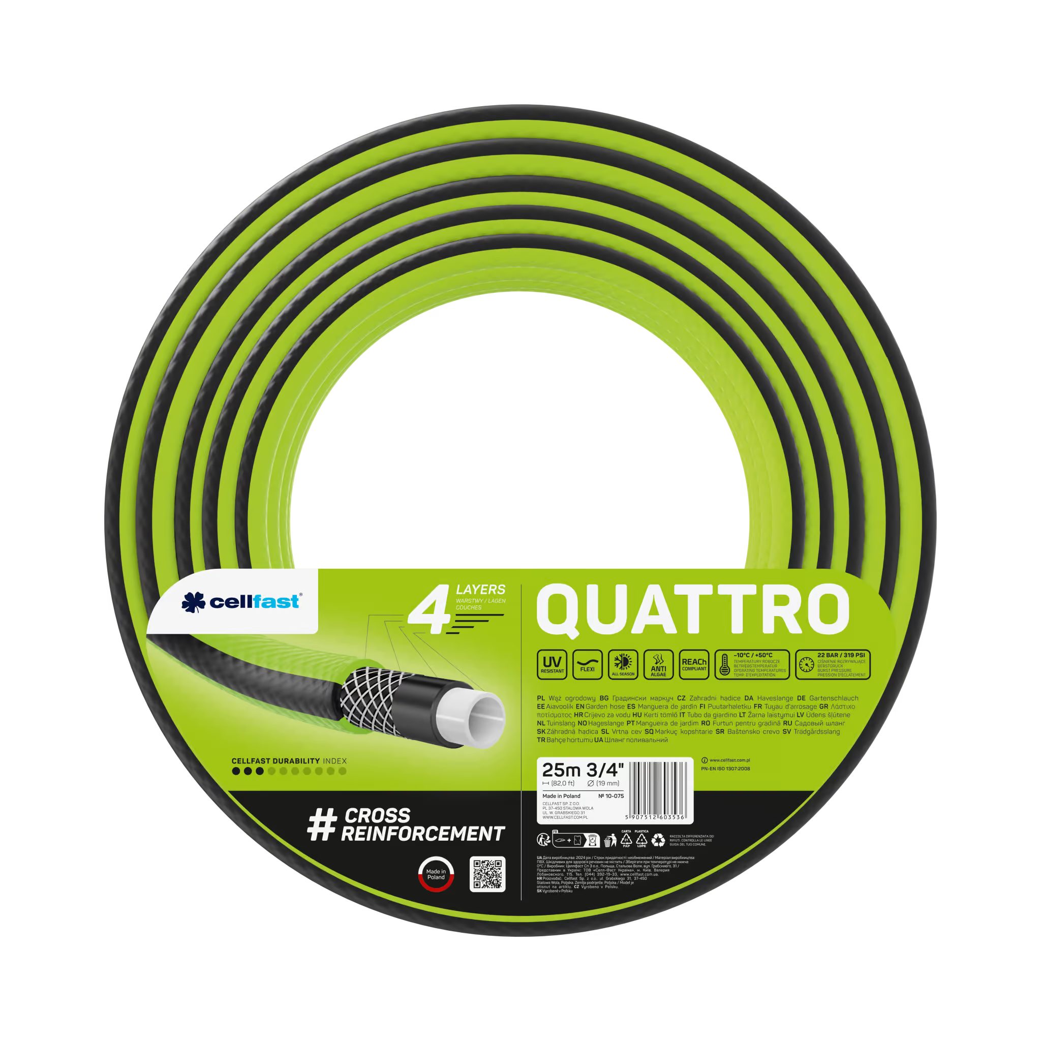 Cellfast Gartenschlauch QUATTRO 3/4″ 25 m 4-lagig, universal einsetzbar, 3/4 Zoll (19 mm)
