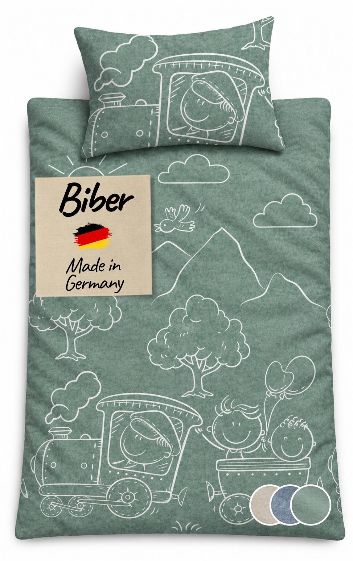 Carpe Sonno Kinderbettwäsche Biber Kinderbettwäsche Lokomotive aus 100% Baumwolle, Biber, 2 teilig, MADE IN GERMANY - Kinderbettwäsche 135x200 - 100% Baumwolle - Grün