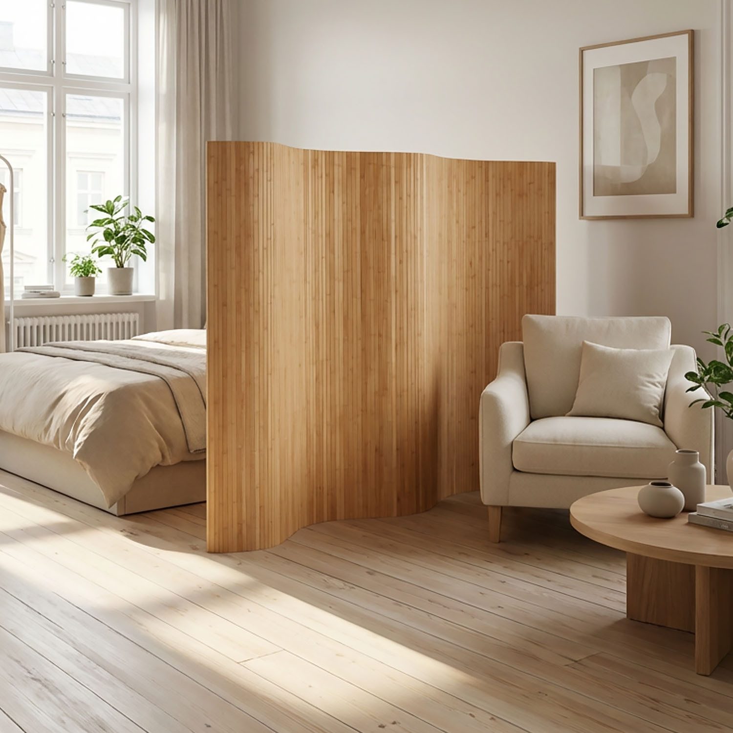 Homestyle4u Paravent Raumteiler Indoor Holz Trennwand Bambus Sichtschutz 145x200 195x200 (1 St), Braun, Faltwand