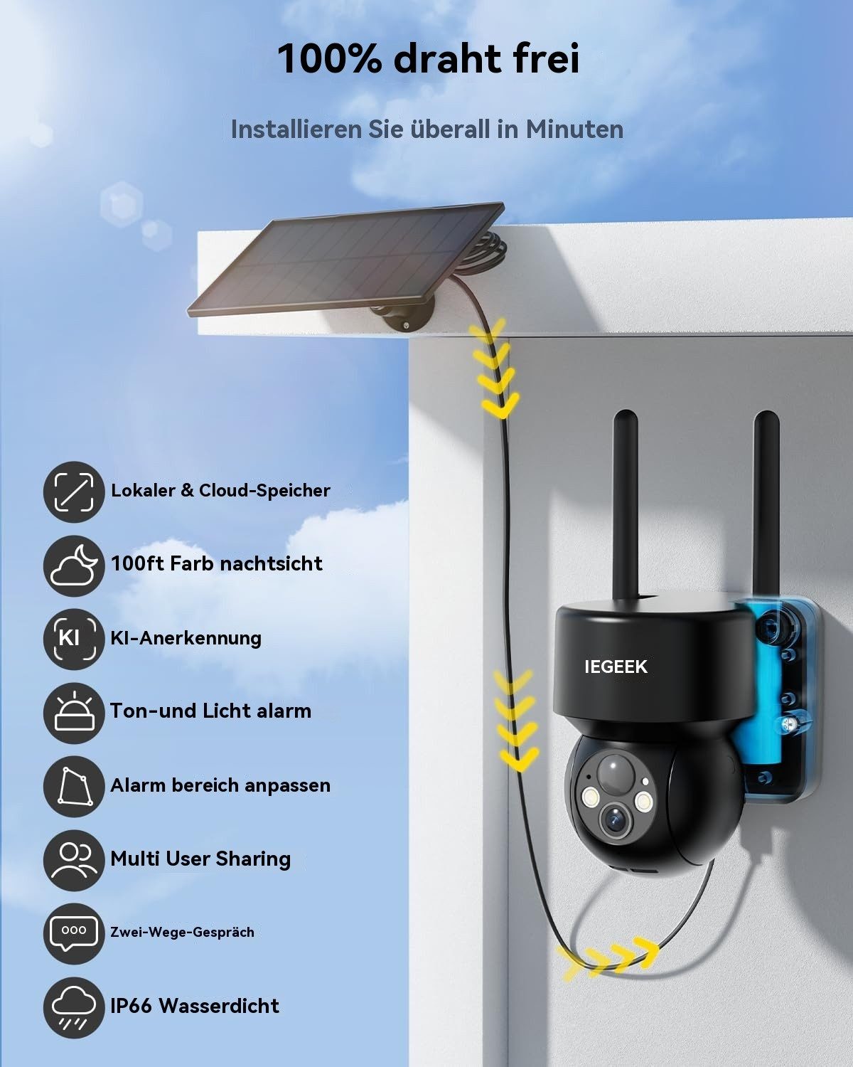 TWUFY Überwachungskamera Solar Überwachungskamera Außen 3MP/2K, 5200mAh Kabellos WLAN Kamera (Außenbereich, Aussen, 355°/120° Panorama,IP66 wasserdicht,Nachtsicht & 24/7 Aufnahme, Automatische Verfolgung, 2-tlg., 2-Wege-Audio, Sirene,300 Lumen Scheinwerfer, Farbnachtsicht, WLAN Überwachungskamera Aussen)