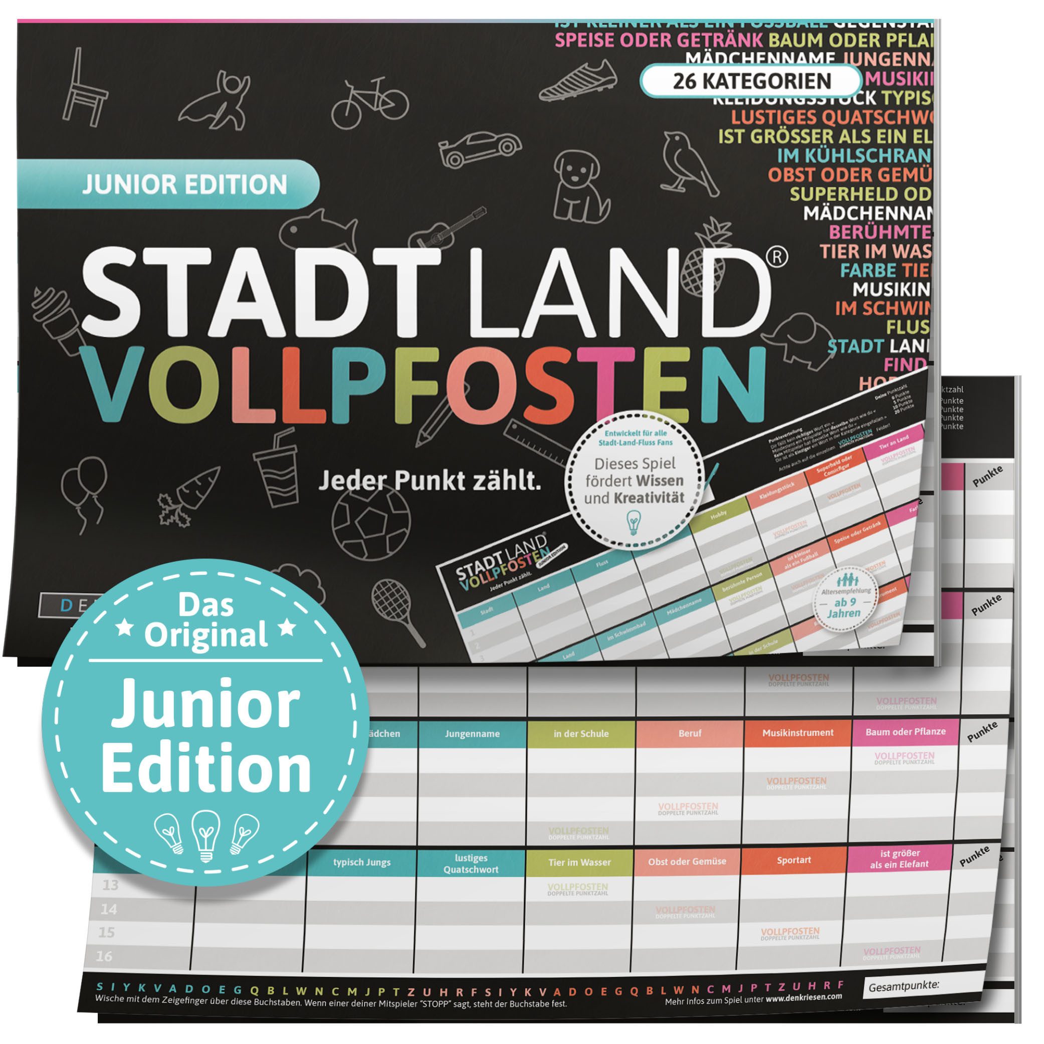 Denkriesen Spiel Stadt Land Vollpfosten, Junior Edition A4 Block, Familienspiel, Made in Germany