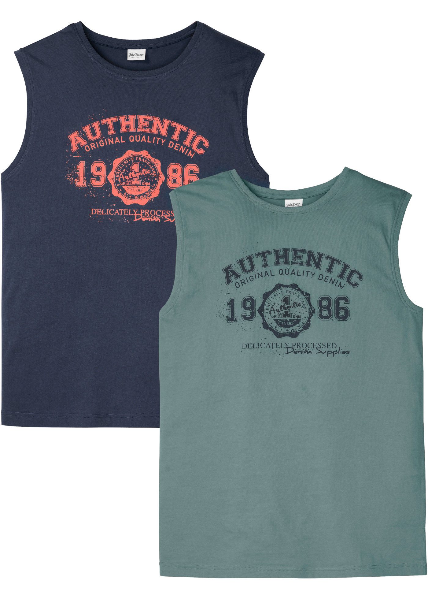 bonprix Muskelshirt (Packung, 2er) aus Baumwolle, ärmelloses Design, mit Frontprint, regular fit