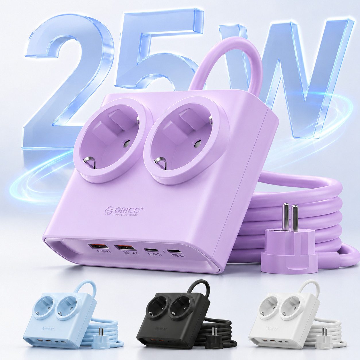 ORICO Steckdose 25W/15W GaN Mehrfachsteckdose 6-in-1 Steckdosenleiste,2AC+2USB +2CPD, flacher 1,3 cm Stecke, 1-St., 1,6 m Kabel, 2500 W., für Haushalt & Büro
