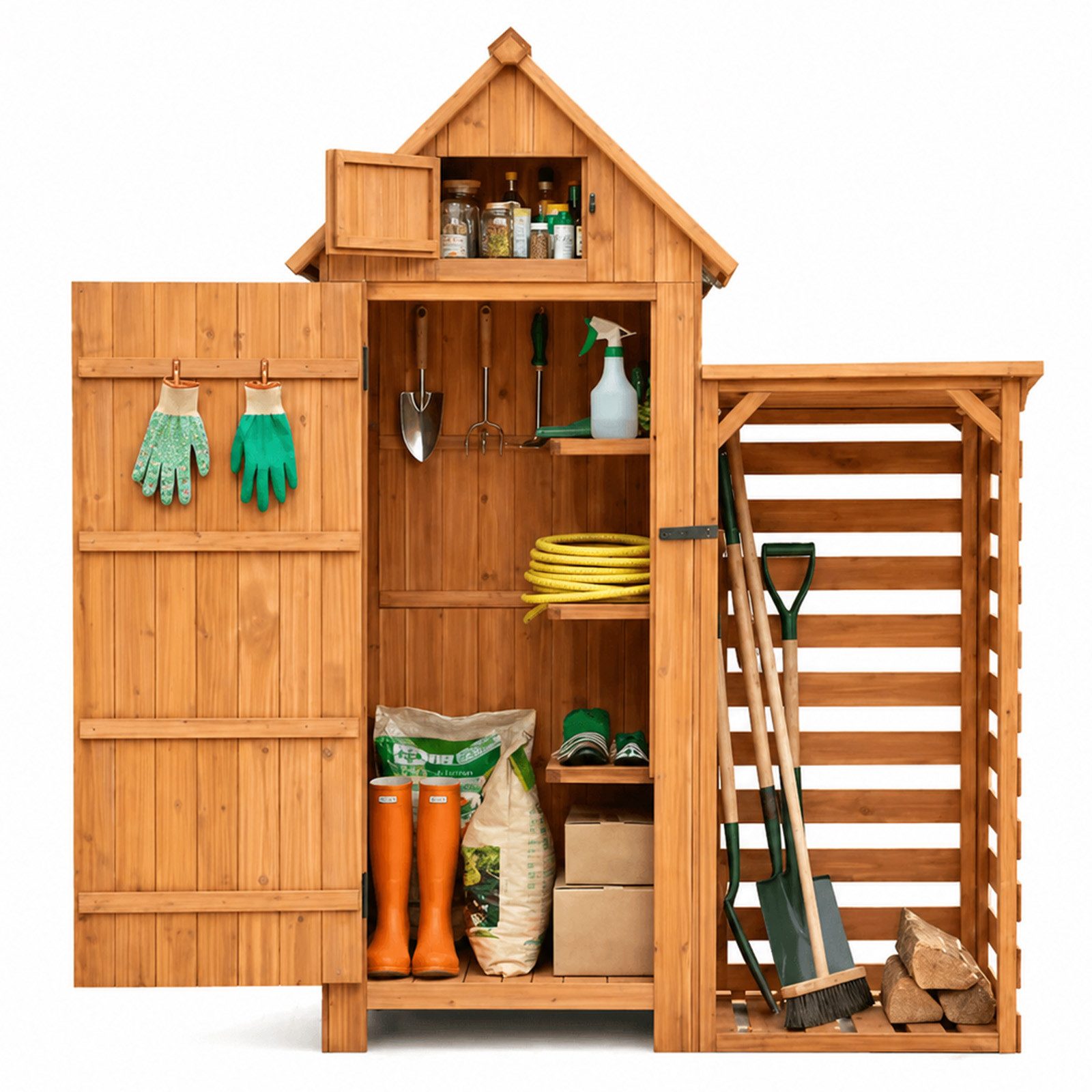 HOMAVO Gerätehaus mit Kaminholzregal Gartenschrank Werkzeugschrank Geräteschuppen, Outdoor-Schrank, Satteldach, mit 3 Einlegeböden, 131 × 54.3 × 179 cm