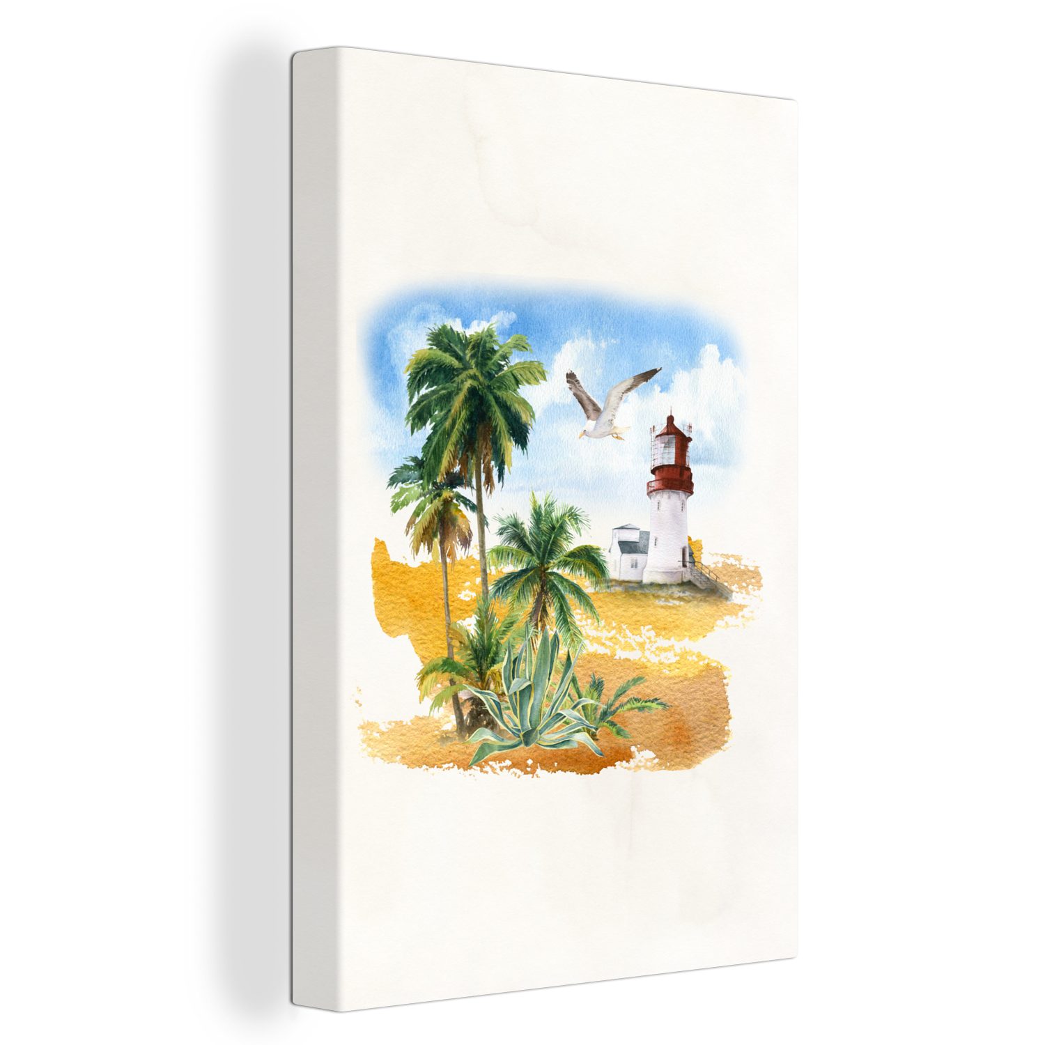 OneMillionCanvasses® Leinwandbild Leuchtturm - Vogel - Palmen - Strand, (1 St), Leinwandbild fertig bespannt inkl. Zackenaufhänger, Gemälde, 20x30 cm