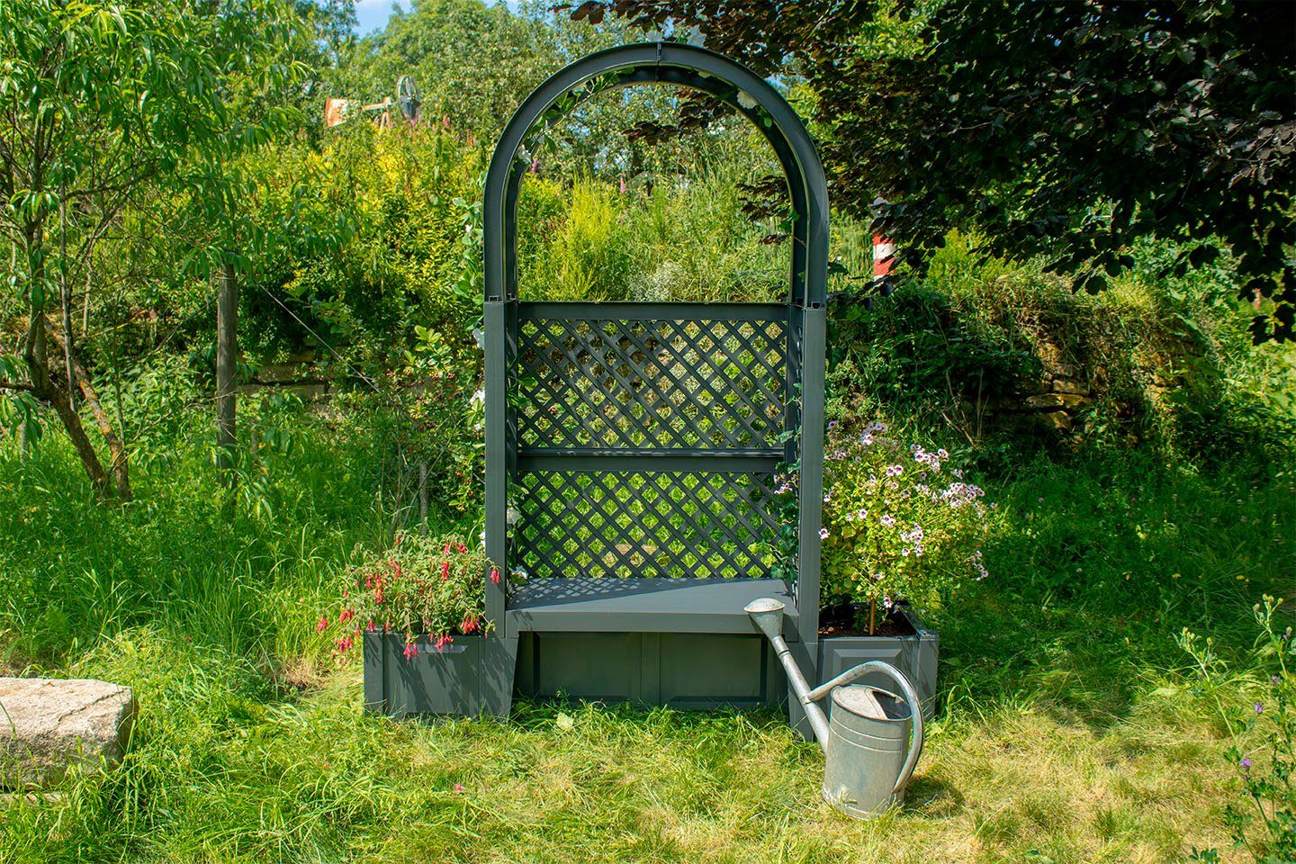 KHW Gartenbank Amsterdam, mit Rosenbogen, Spalier und zwei Pflanzkästen, anthrazit