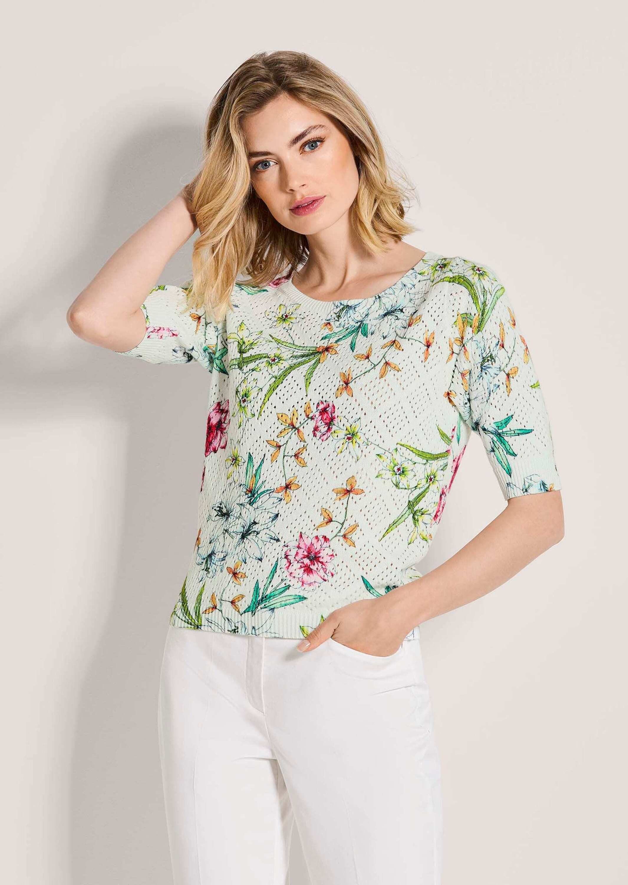 MADELEINE Strickpullover Ajourpullover mit floralem Muster Baumwollshirt mit Rundhals, gerippten Abschlüssen und Halbarm