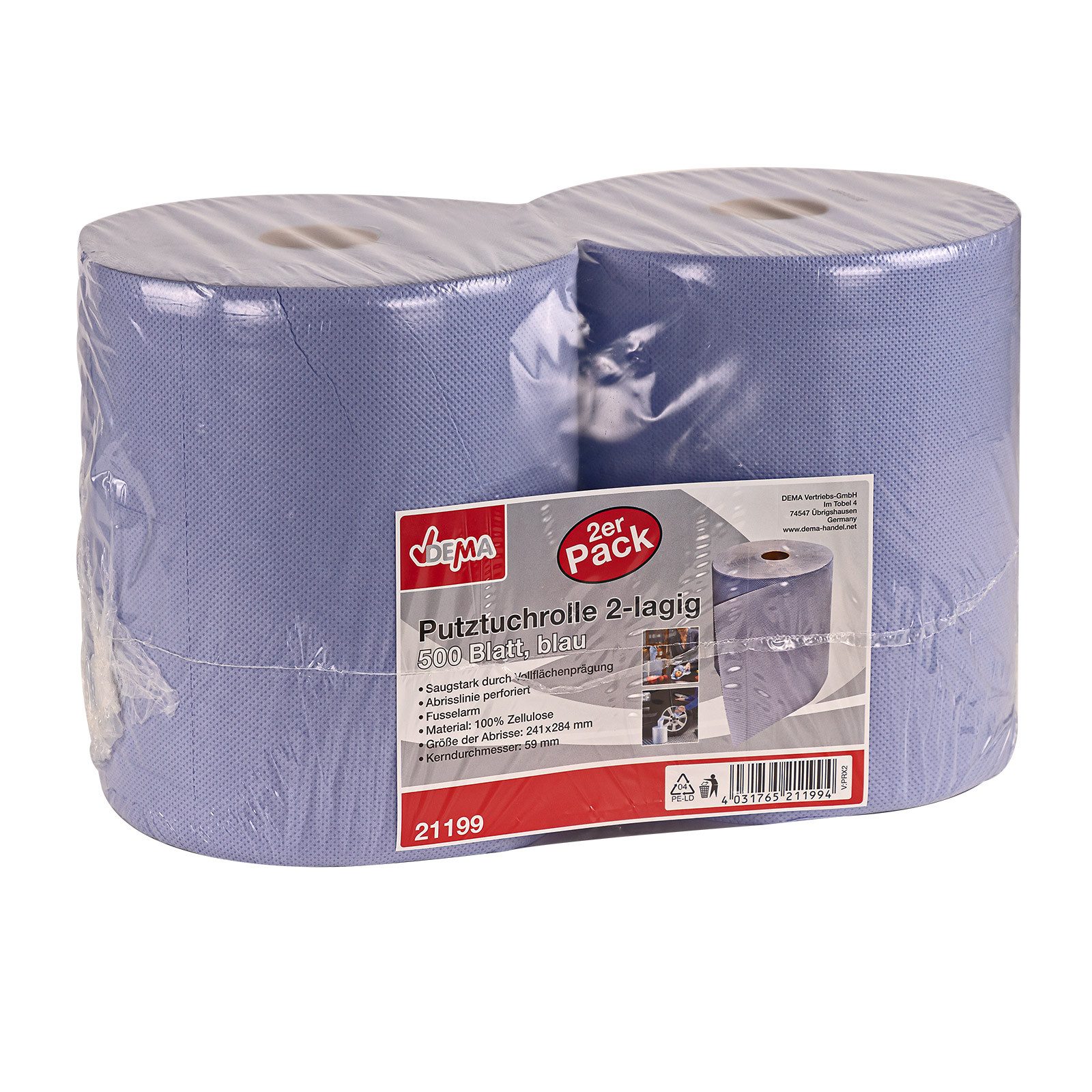 DEMA Papierhandtuch Putztücher Reinigungstücher 2-lagig 500 Blatt, 2 Rollen, 24,5 x 27,5 cm, saugfähig, robust