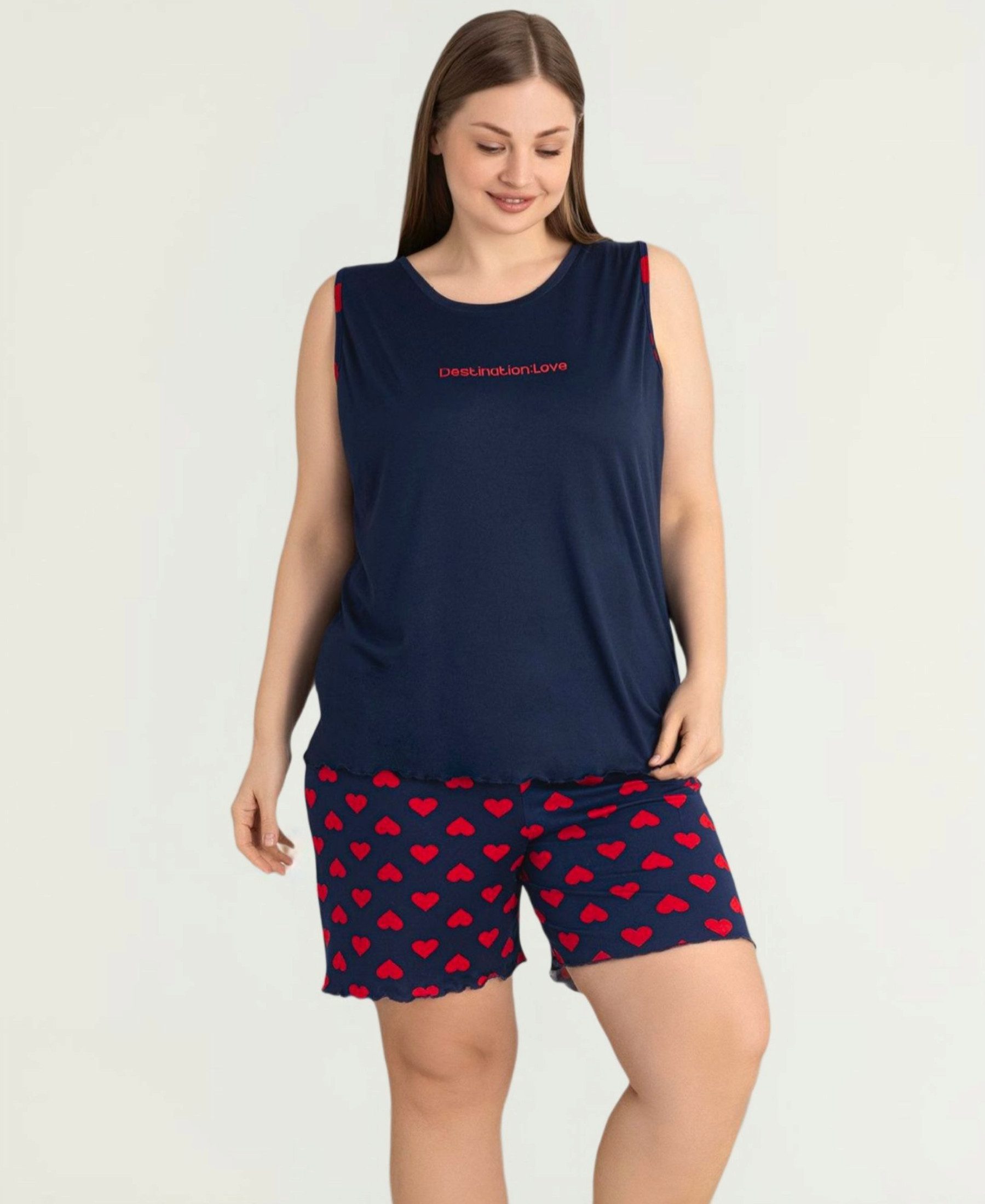 fashionshowcase Hausanzug Damen Schlafanzug große Größen – Pyjama Set mit Shorts & Top, 3XL–5XL (2 tlg., 2-teiliges Set) modischer Frontprint, verspielte Muster-Shorts