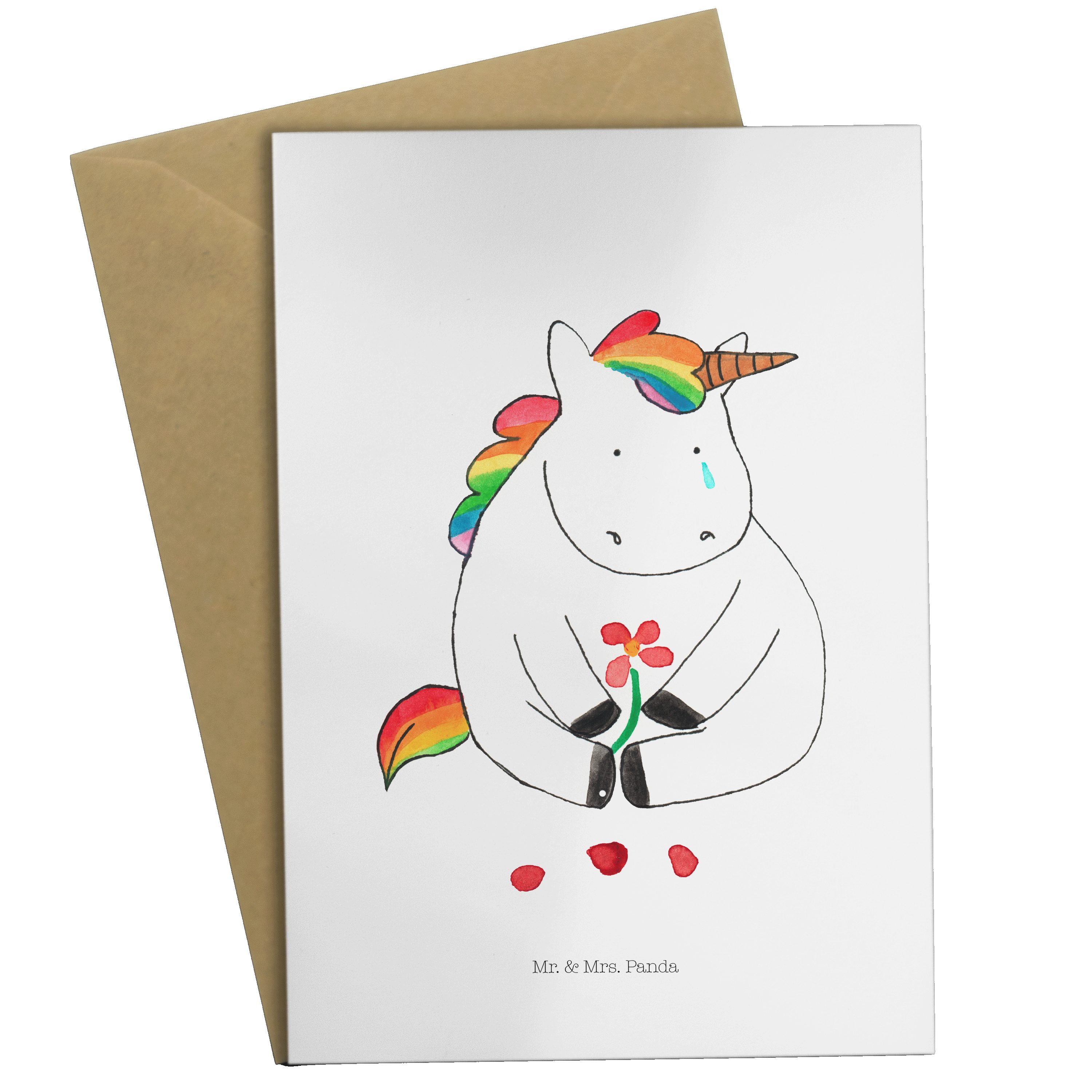Mr. & Mrs. Panda Grußkarte Einhorn Traurig - Weiß - Geschenk, Glückwunschkarte, Blume, Einladung