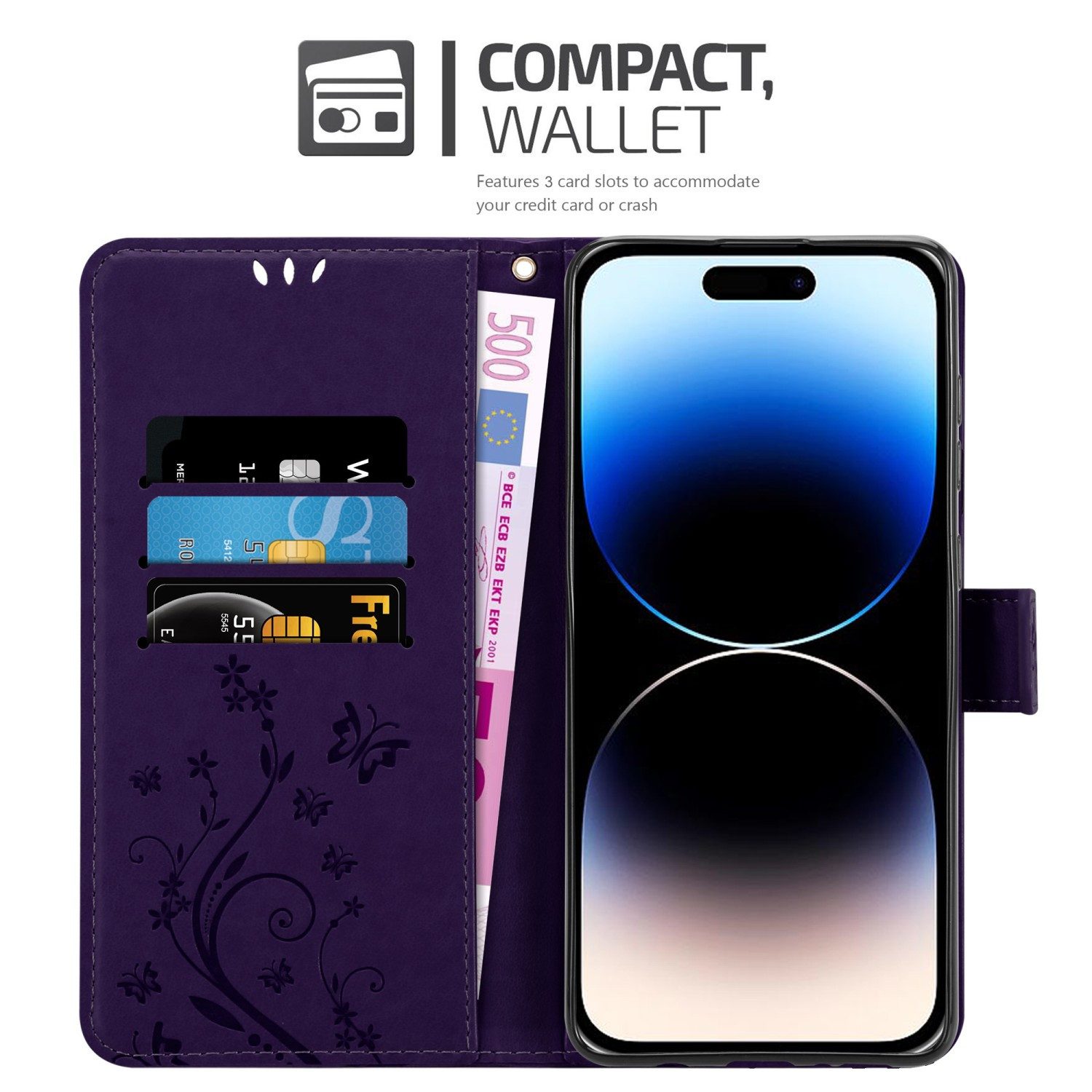 Cadorabo Handyhülle für iPhone 14 PRO MAX Hülle Apple iPhone 14 PRO MAX, Hülle Schutzhülle Blumen Flower mit Standfunktion Kartenfach Magnet