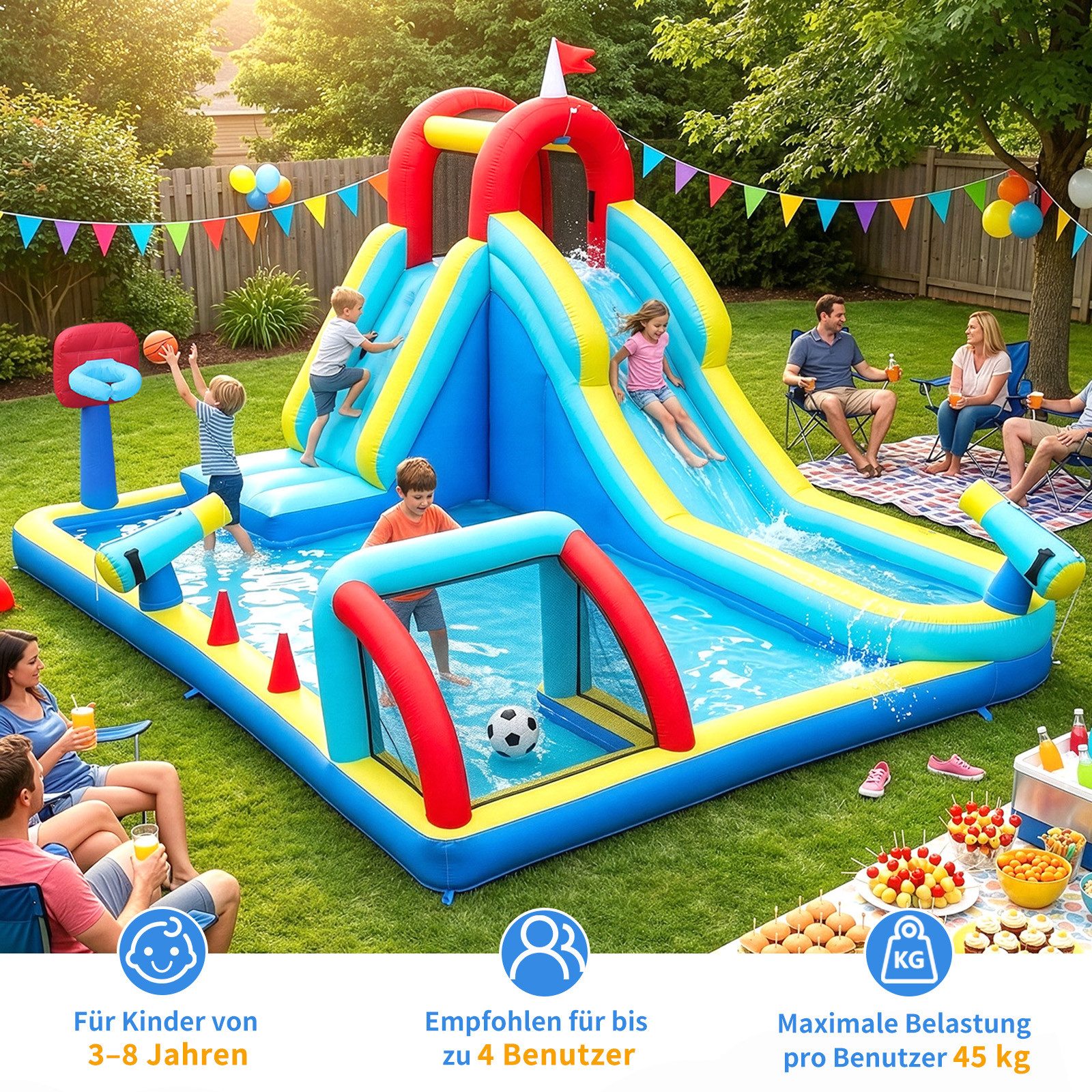 LALAHO Hüpfburg Springburg mit Gebläse,Wasserrutsche, Wasserpark mit Trampolin, 400x305x225cm mit Rutsche,Basketballkorb,für Innen & Außen, 3-8 Jahre
