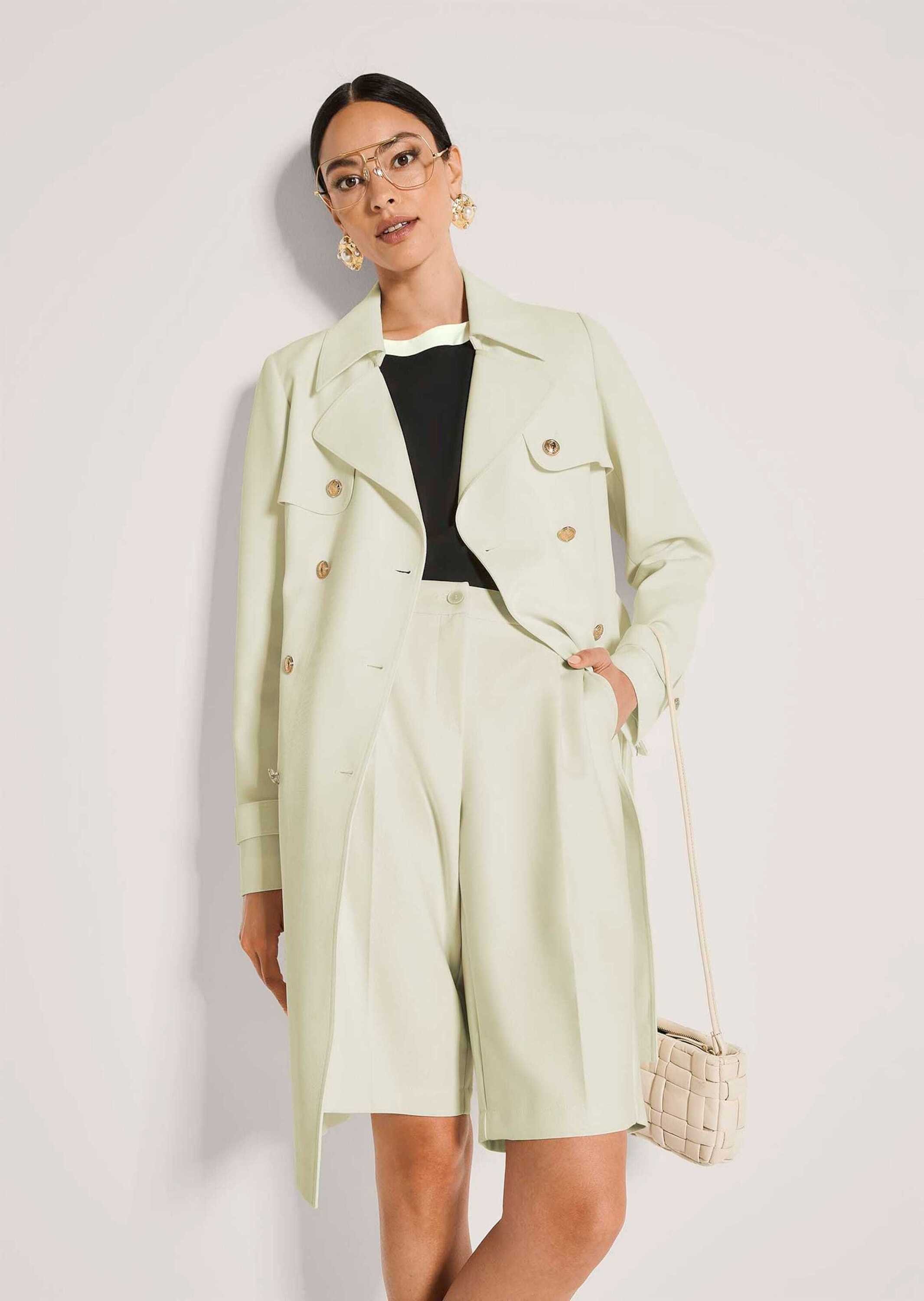 MADELEINE Trenchcoat Eleganter Zweireiher mit breitem Reverskragen Zeitloser Mantel mit goldfarbenen Knöpfen, Bindegürtel, Ärmelriegel
