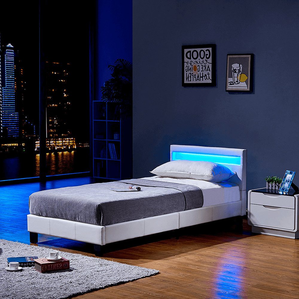 HOME DELUXE Bett ASTRO - 90/140 (inklusive Matratze & Lattenrost), großes gepolstertes Kopfteil, LED Bett, Jugendbett