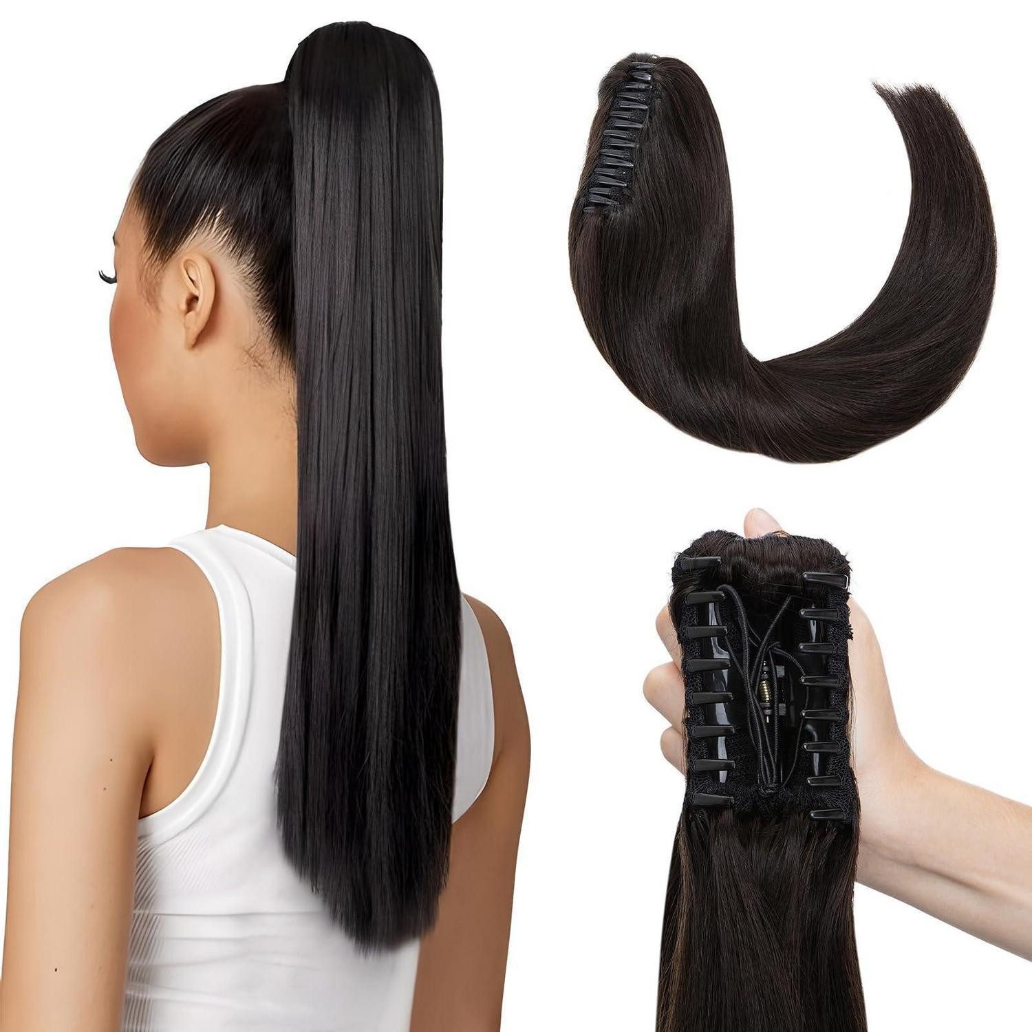 LuxusKollektion Echthaar-Extension Haarverlängerung Pferdeschwanz Echthaar Remy Klammer 40cm #1B Schwarz