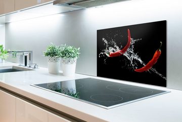 MuchoWow Küchenrückwand Chilischote - Stilleben - Wasser - Schwarz - Rot, (1-tlg), 60x40 cm, Herdblende aus Wandschutz, Temperaturbeständig küchen