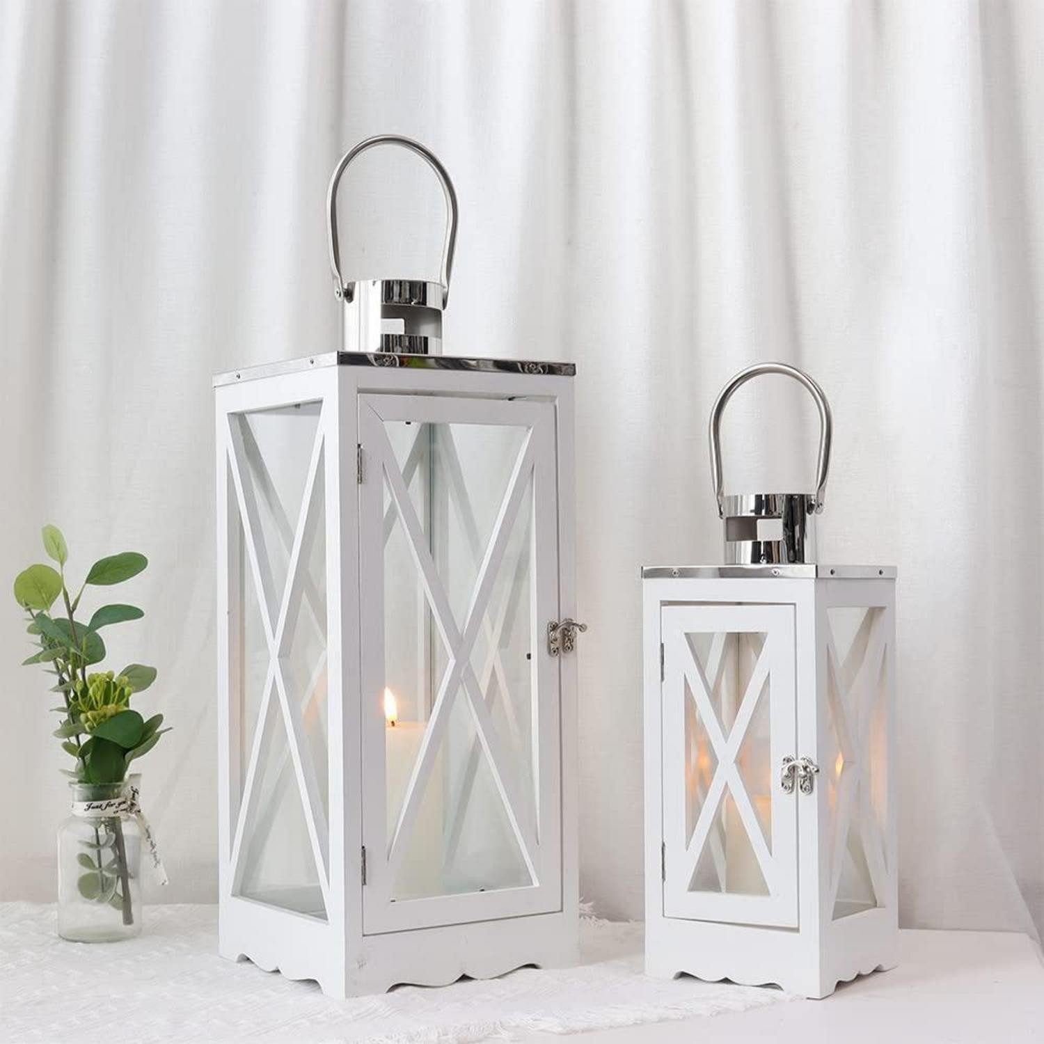 LuxusKollektion Kerzenlaterne Kerzenlaterne Holz Metall Weiß 2er Set 63/46cm